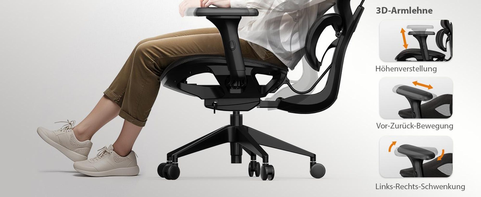 SENSE7 Nobu Ergonomischer Bürostuhl Schreibtischstuhl Schwarz mit 3D-Armlehnen Kopfstütze Netzrücken Wippfunktion Chefsessel Homeoffice 130 kg