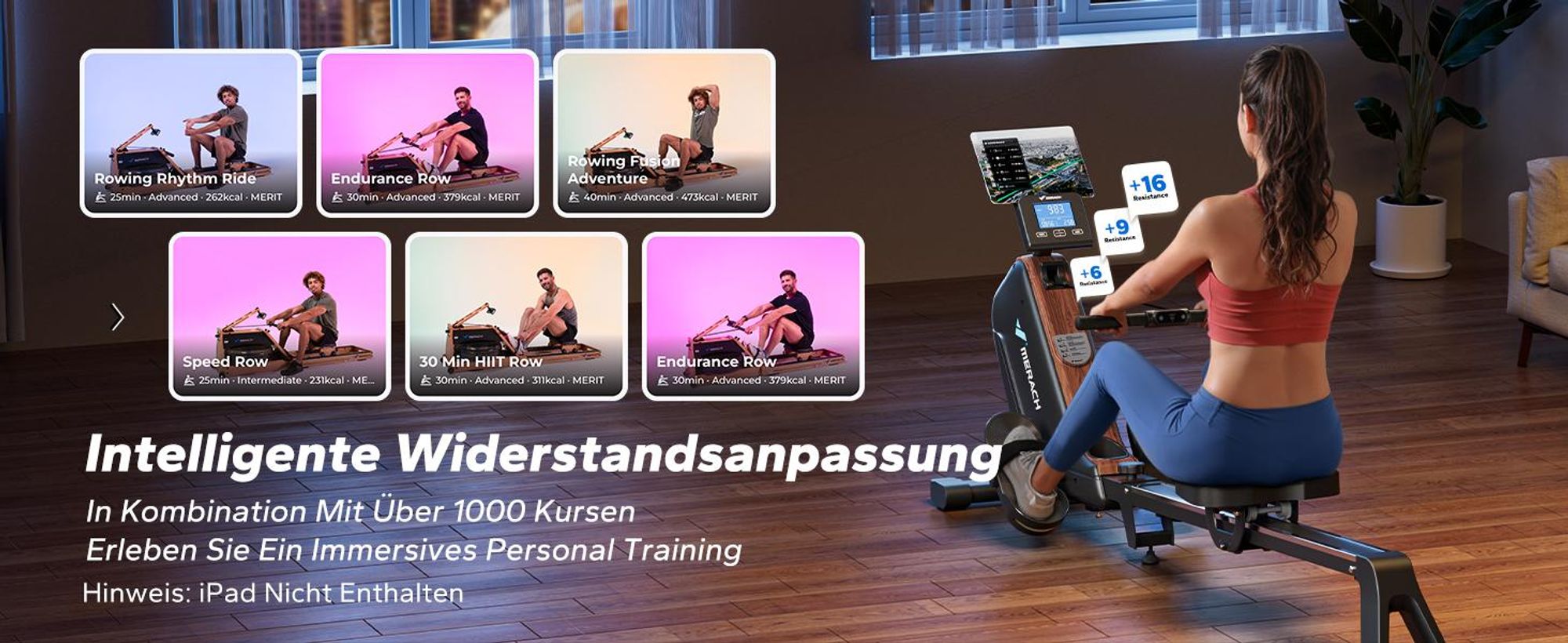 MERACH magnetisches Rudergerät – leise, 16 Stufen, LCD-Display & Bluetooth-App, verstellbare Tablet-Halterung, 160 kg, vertikal klappbar