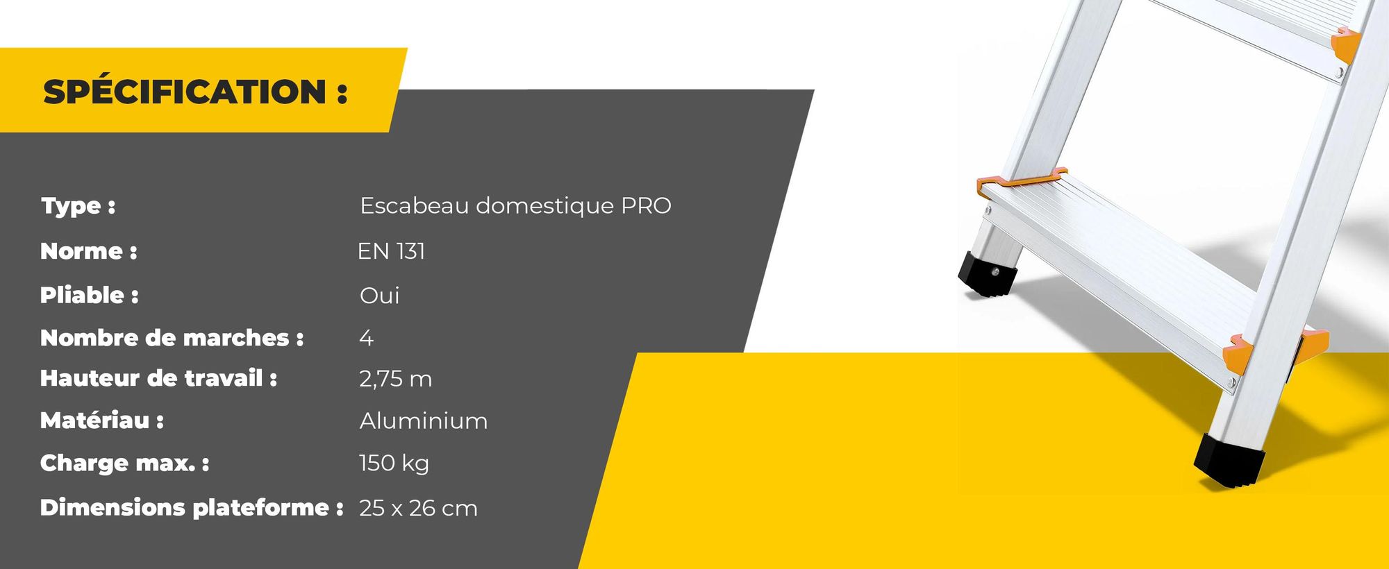 Drabest | Échelle - Escabeau - 4 barreaux - Aluminium - jusqu'à 150 kg - Échelle domestique avec étagère, longueur utile 2,75 m