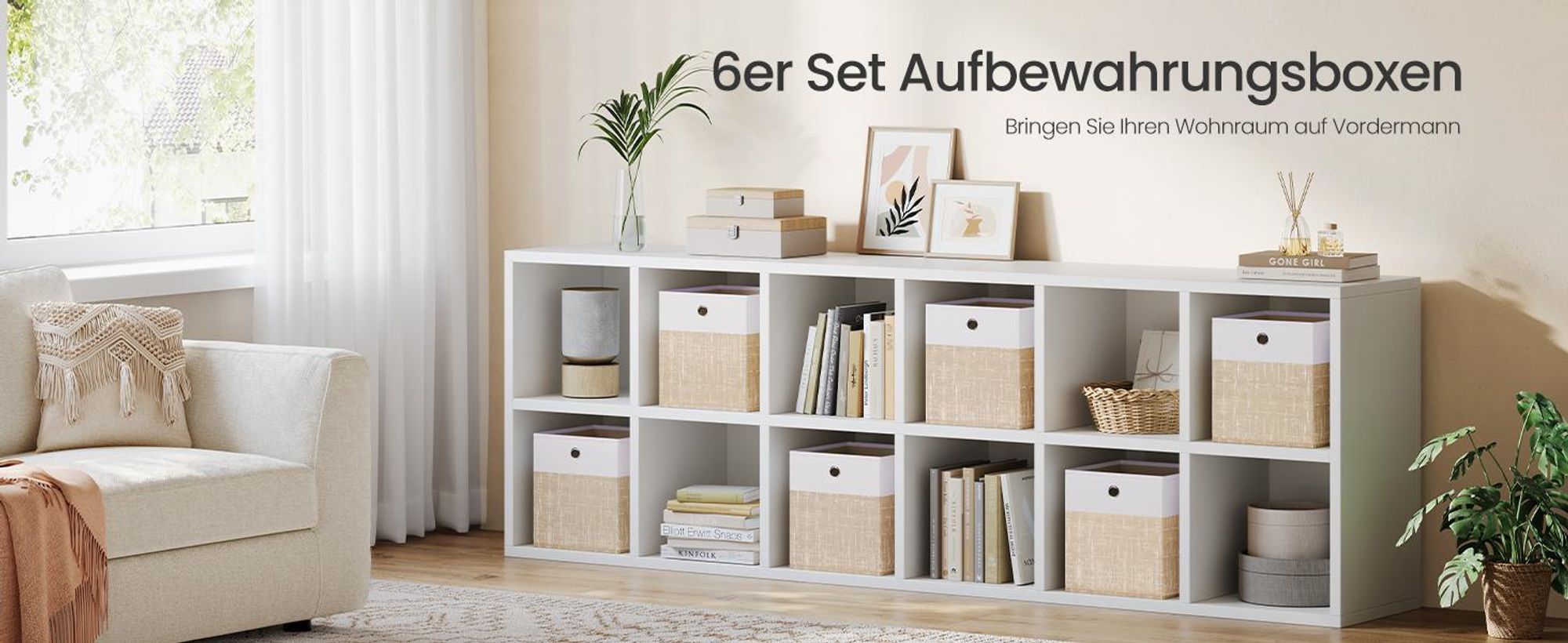 SONGMICS Aufbewahrungskörbe, 6er Set, faltbare Stoffboxen mit PP-Platten, für Regal, 26 x 26 x 28 cm, weiß-beige