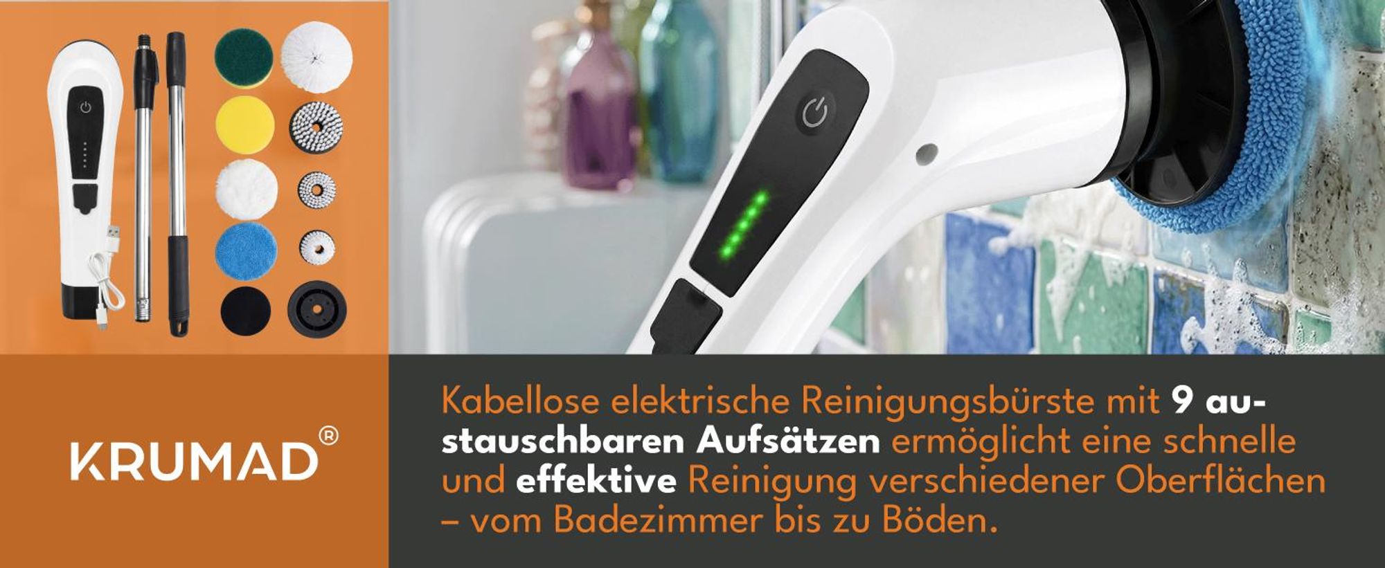 KRUMAD Kabellose Elektrische Reinigungsbürste 8in1, Akkubetrieben mit 3 Aufsätzen, LED-Display, USB-Ladung für Küche, Bad, und mehr