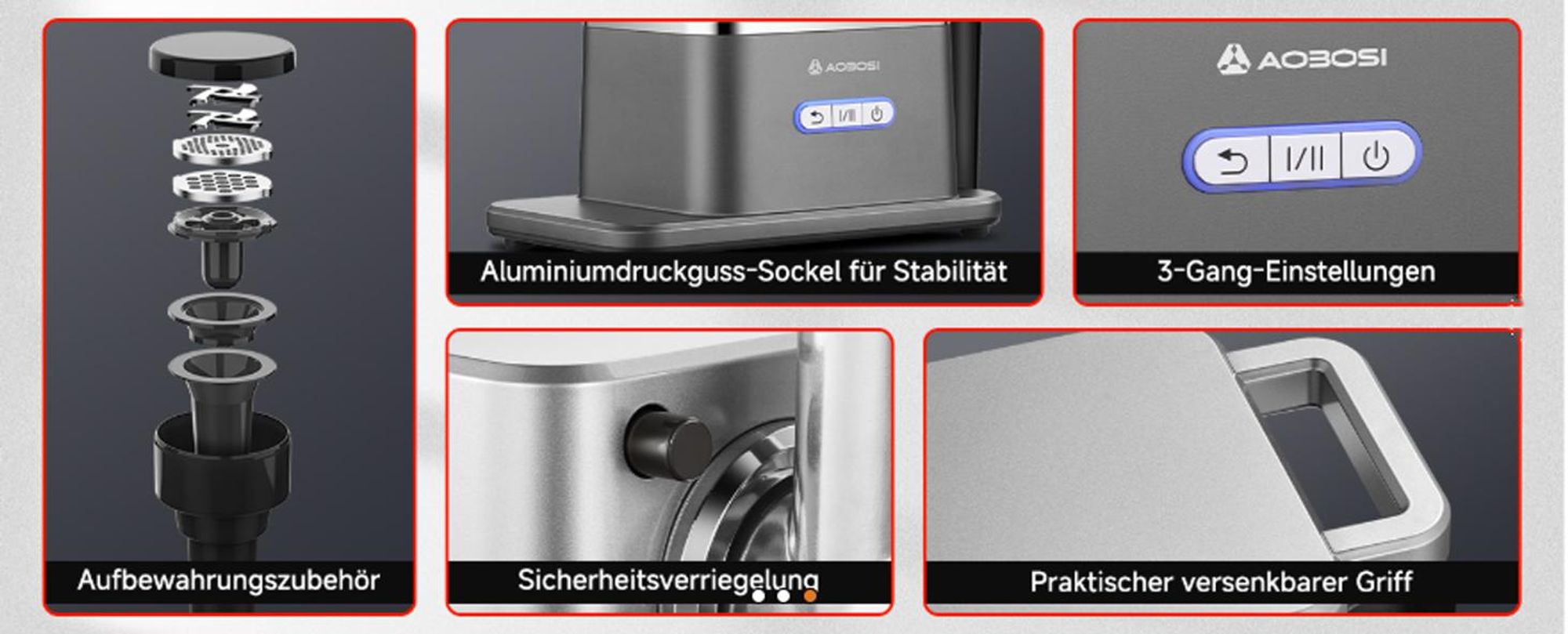 AOBOSI Elektrischer Fleischwolf 3000W Max, Leiser DC-Motor 60dB, 3 Geschwindigkeiten, 3 Edelstahlscheiben, Wurst- & Kibbe-Zubehör