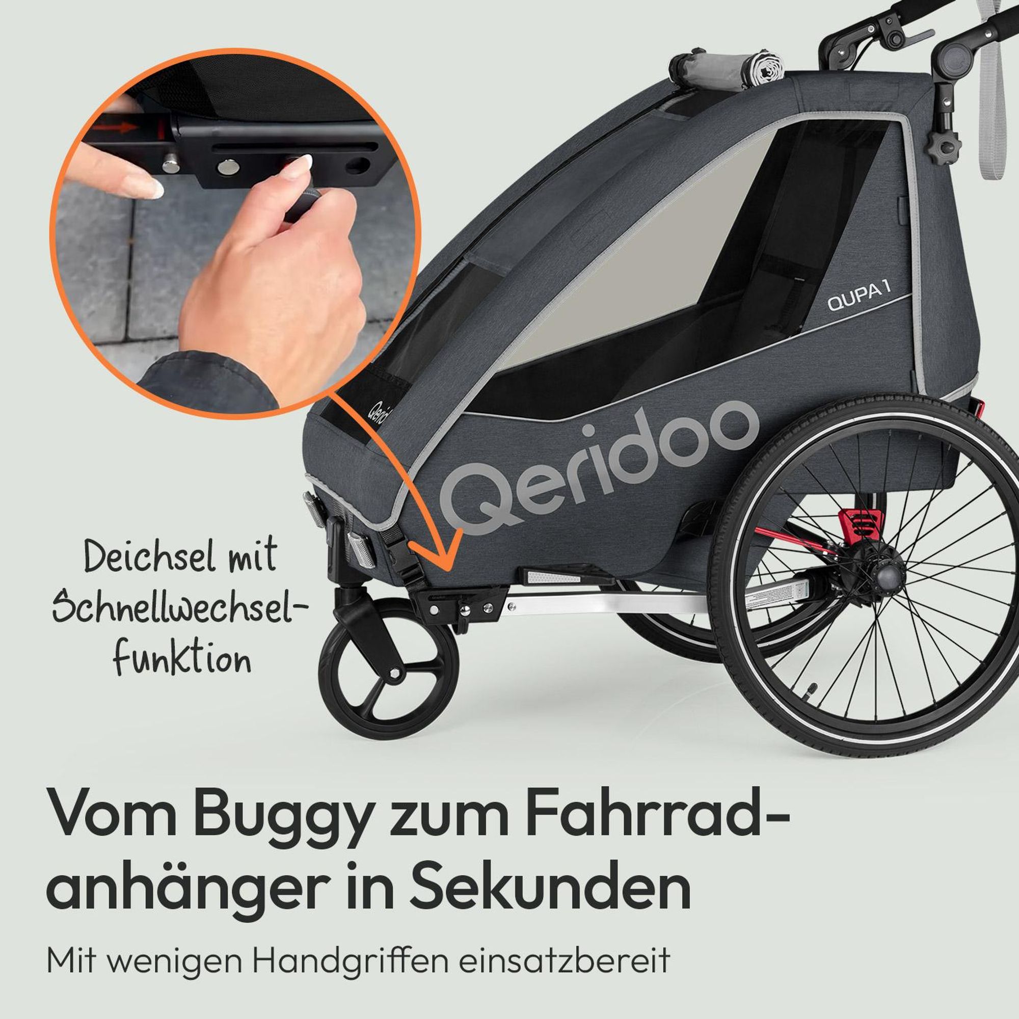 Qeridoo QUPA 1 - Kinderfahrradanhänger für 1 Kind, Farbe: Grey