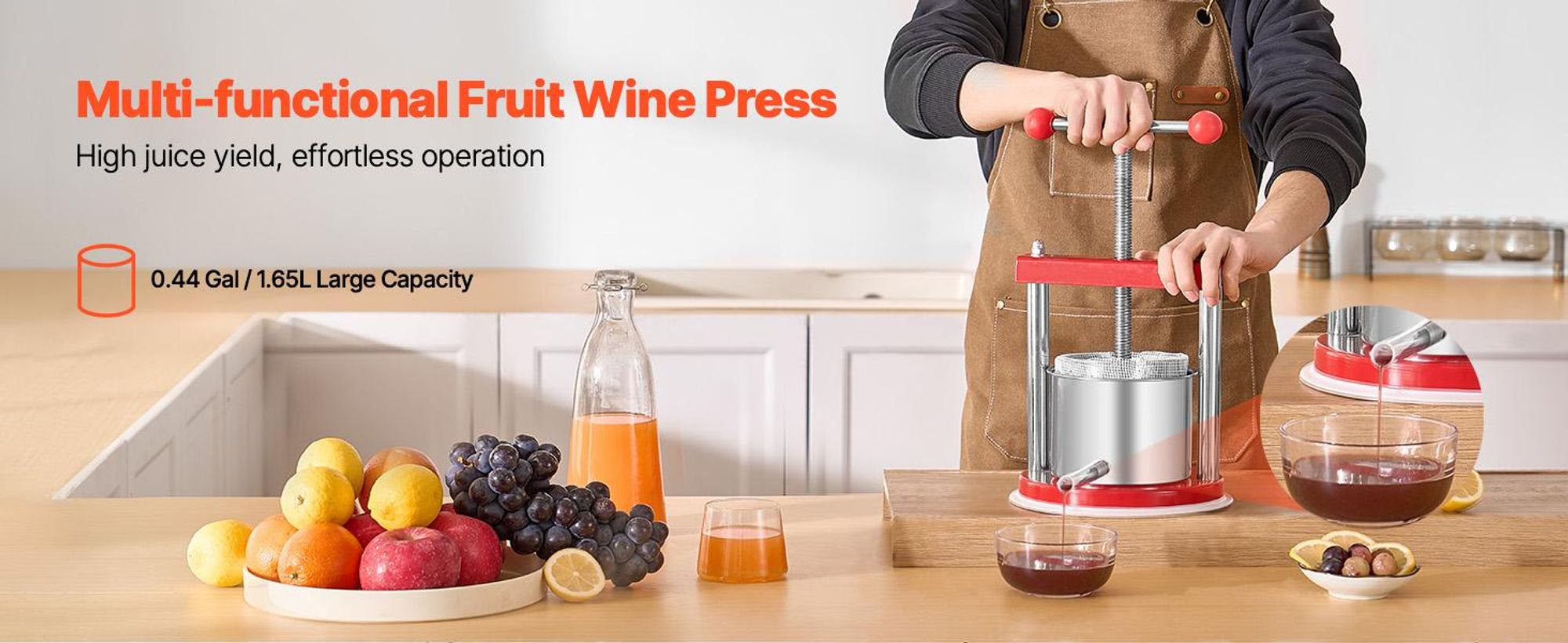 VEVOR Obstweinpresse Obstmühle Apfelmühle (1,65 L) mit 2 Edelstahlfässer, manueller Entsafter, Apfelweinpresse Saftpresse Apfelpresse Traubenpresse