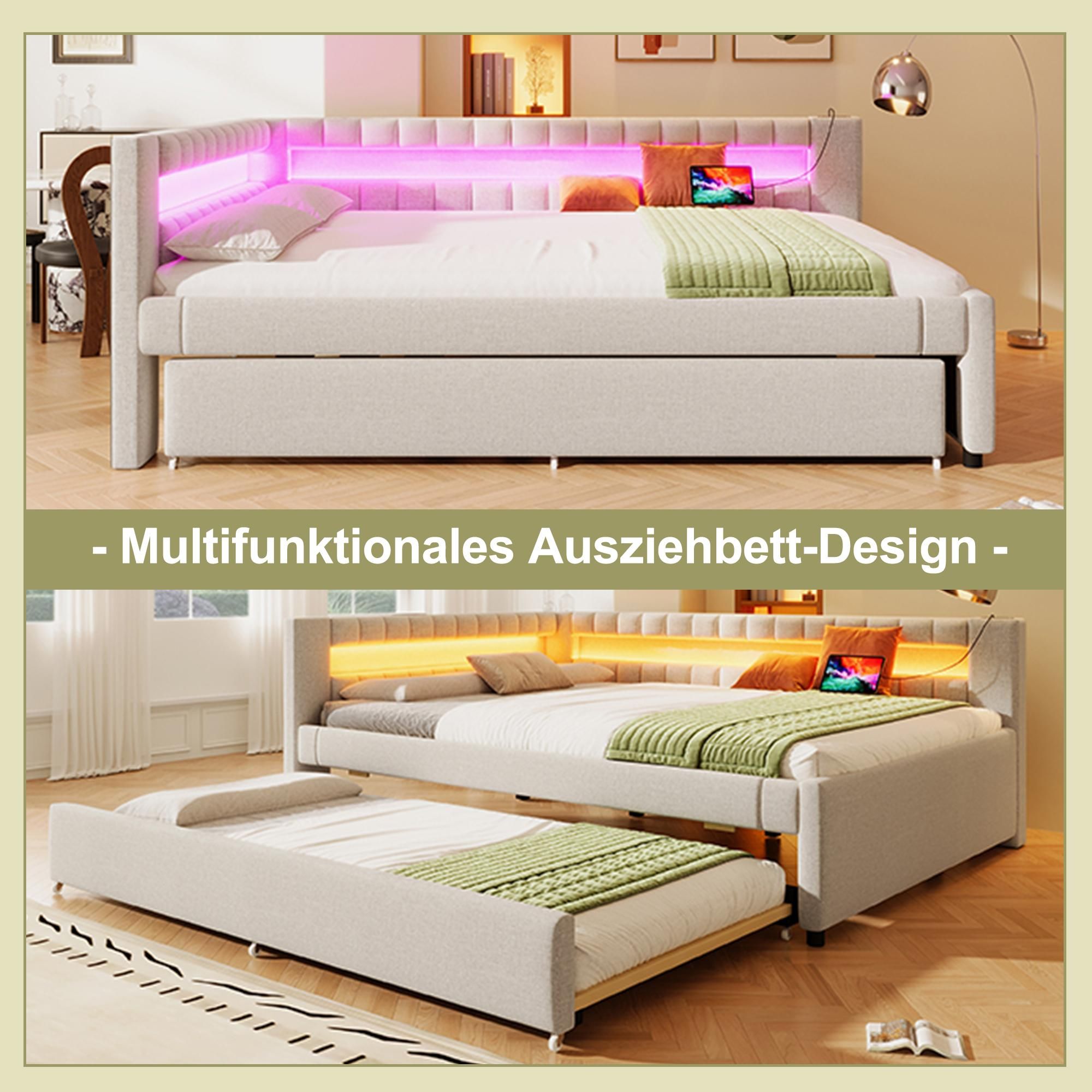 Merax Tagesbett Daybett 140x200 cm, mit Ausziehbett 90x190 cm, LED, USB und Type-C, Schlafsofa, Schlafsofa, Beige