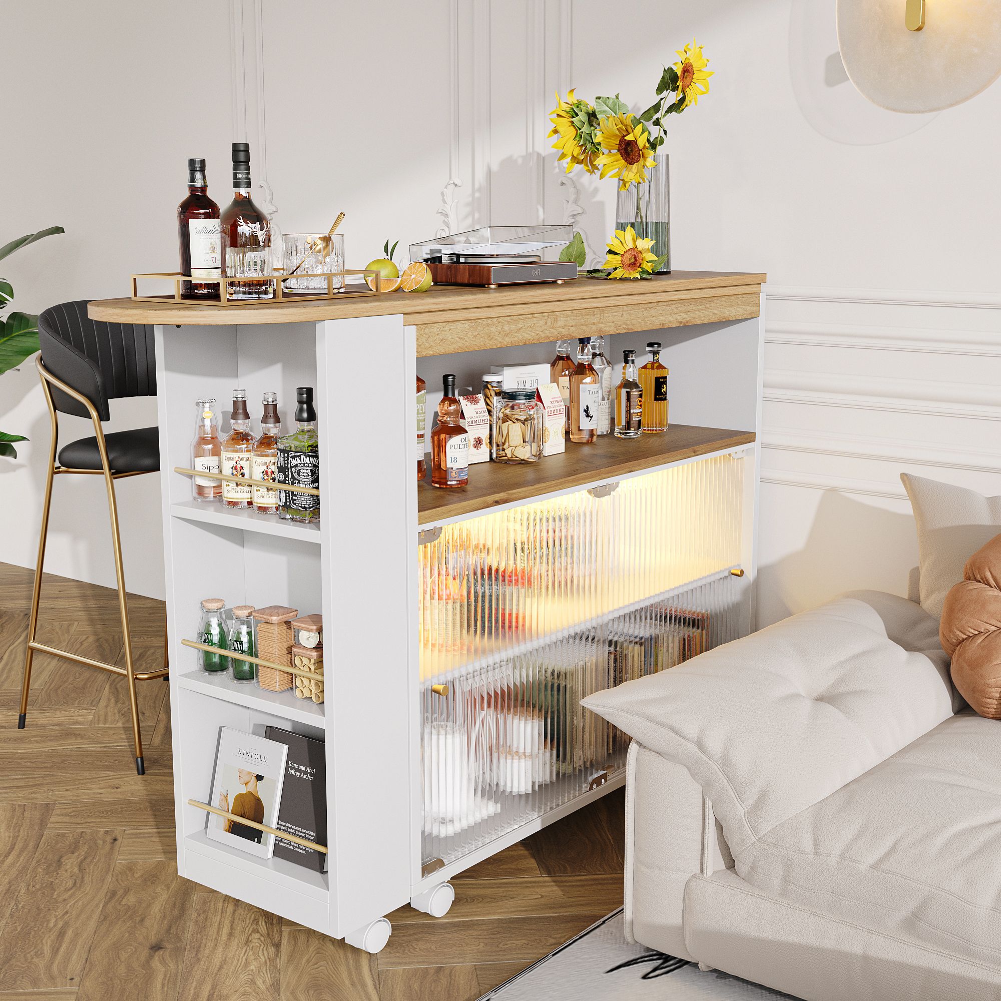 Flieks Ausziehbar Esstische Küchentisch mit Regal und Staufach, Bartisch Stehtisch mit LED, Rechteckig Tisch Kücheninsel 360 ° Drehbar, Weiß