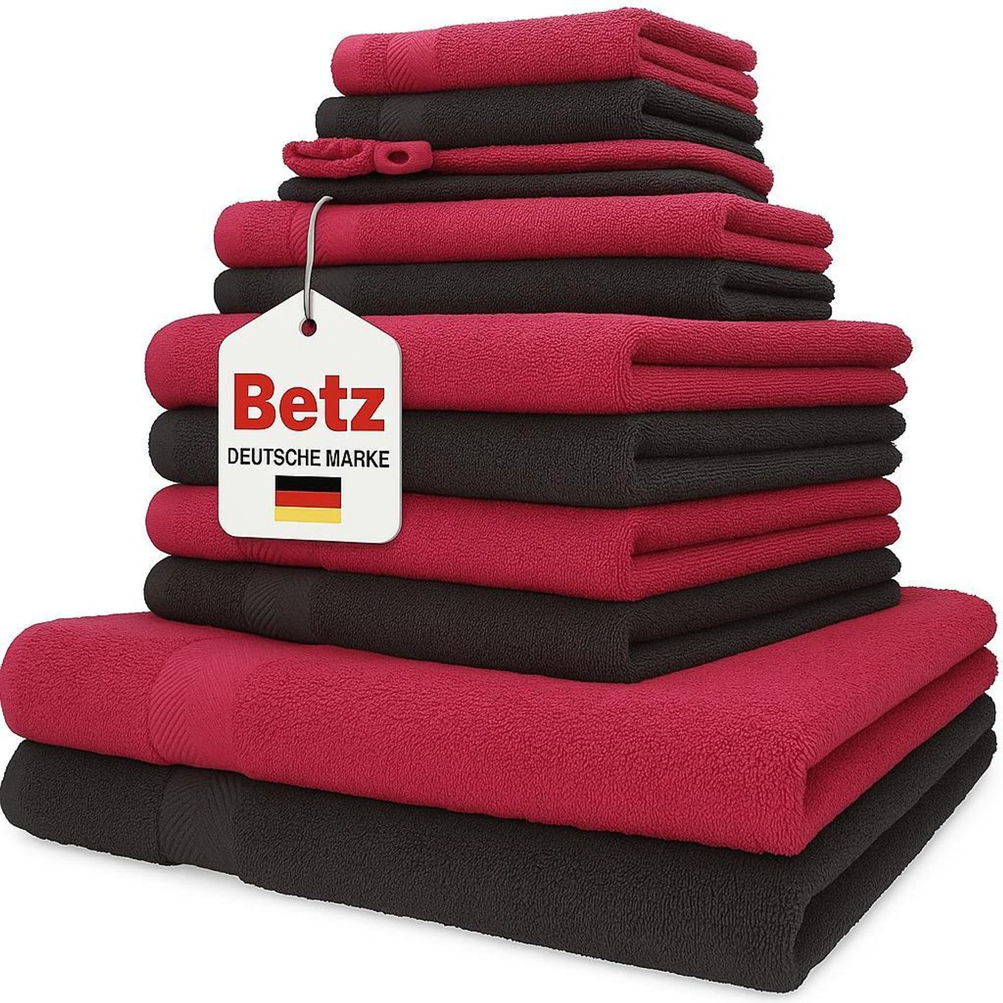 Betz 12er Handtuch-Set PALERMO 100% Baumwolle Liegetücher 4 Handtücher 2 Gästetücher 2 Seiftücher 2 Waschhandschuhe Farbe: cranberry und anthrazit