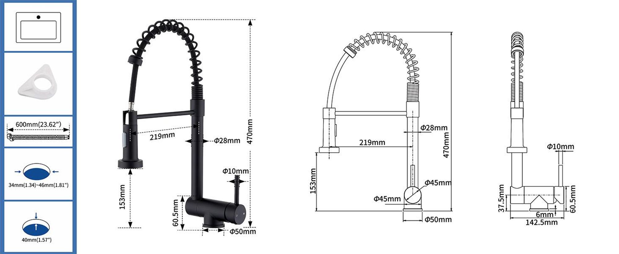 Homelody Vorfenster Küchenarmatur Klappbar, 90° Faltbar 360° Drehbare Hochdruck Edelstahl Wasserhahn Küche mit Brause Ausziehbar 2 Strahlarten Schwarz