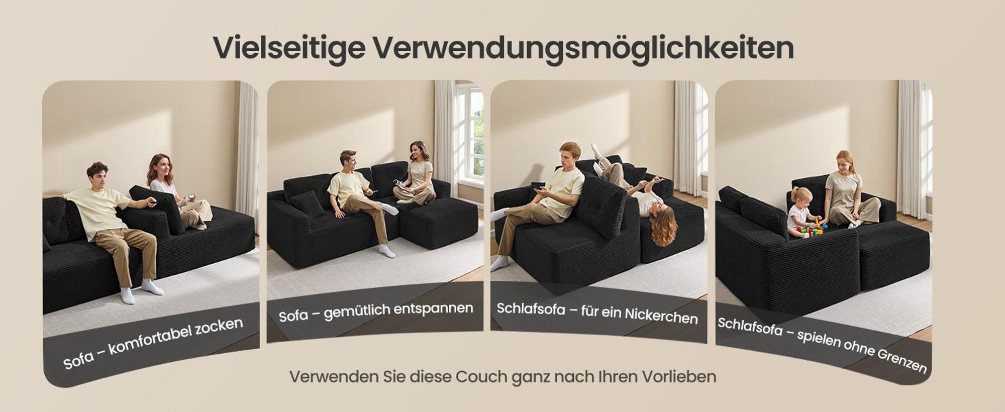 VASAGLE Modulares Sofa, Ecksofa mit Liege rechts, 242 cm breit, vakuumverpackt, keine Montage erforderlich, Schwarz