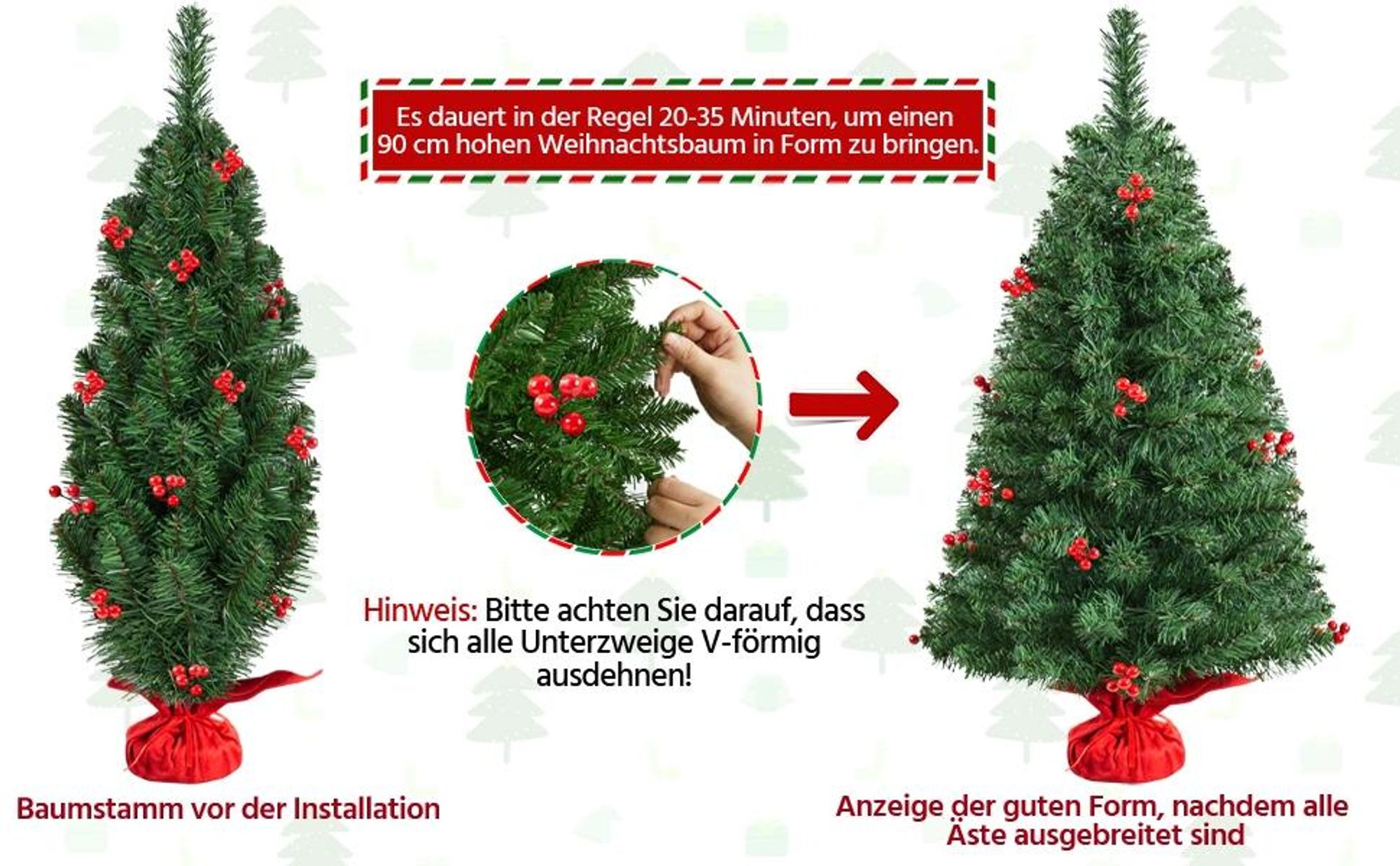 Yaheetech 90cm Mini Künstlicher Weihnachtsbaum mit 50 Warmweiß LED Beleuchtung & 60 Roten Beeren Kleiner Christbaum Tisch Tannenbaum für Weihnachtsdeko, Grün