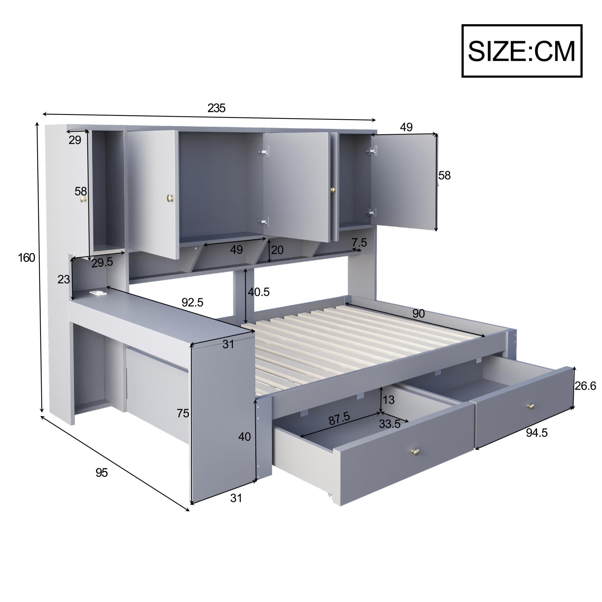 Flieks Jugendbett 90x200cm mit Schreibtisch, Einzelbett mit Schränken und Ablagefächern, Holzbett mit Schubladen, LED-Beleuchtung und Steckdosen, Grau
