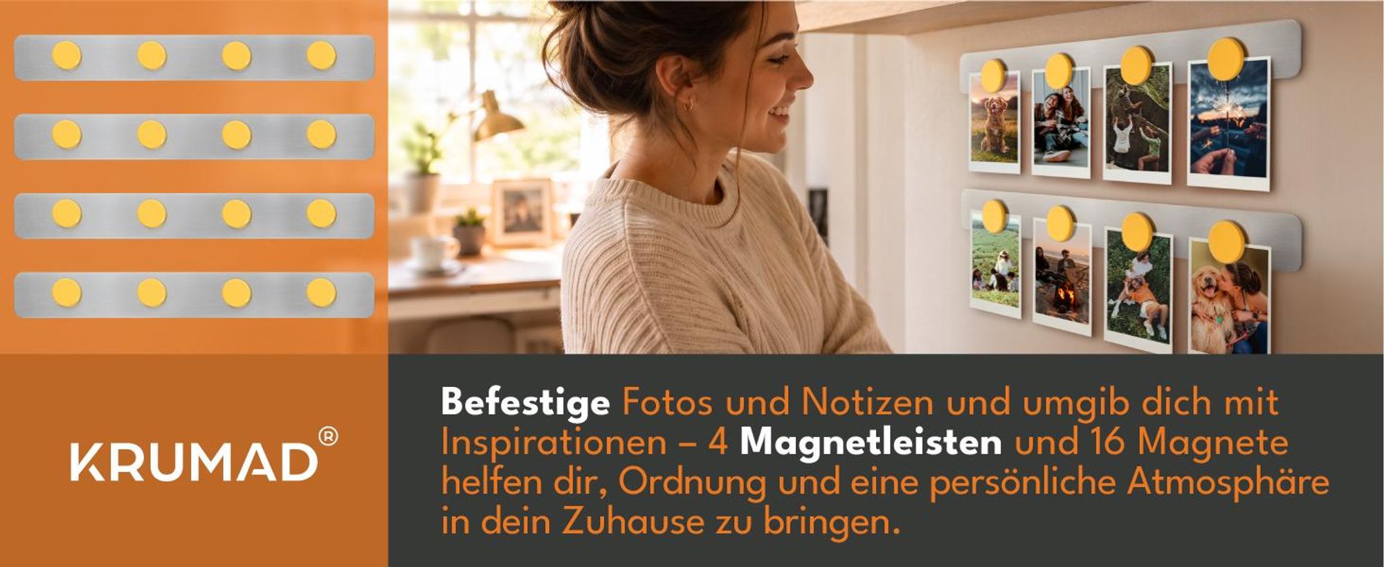 KRUMAD Magnetleiste, Magnetstreifen selbstklebend 4 Stück mit 16 Magnetstiften, Magnetleiste aus Metall für Fotos, Notizen, Papiere, Kalender und Büro