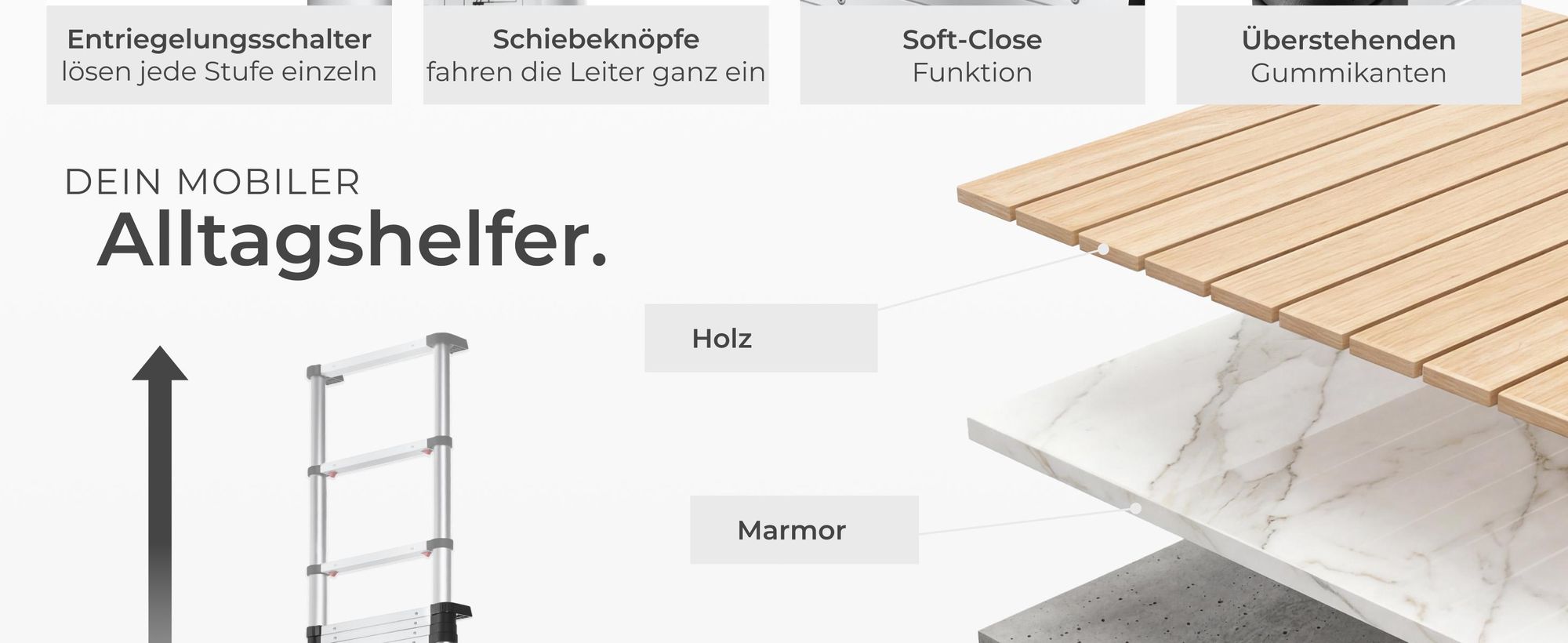 tectake® Aluminium Teleskopleiter 3,85 m, 13 Sprossen zuverlässige Arretierung und Soft Close