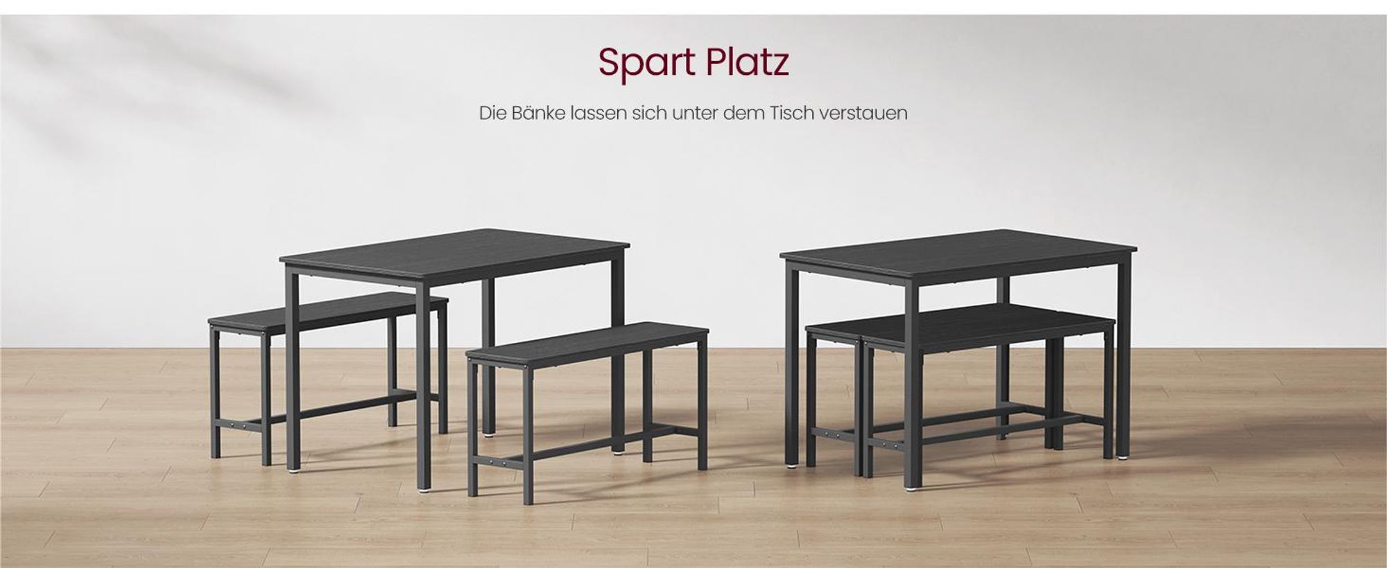 VASAGLE Esstisch, Küchentisch-Set mit 2 Bänken, 3er-Set, 110 x 70 x 75 cm, Aschschwarz-Tintenschwarz