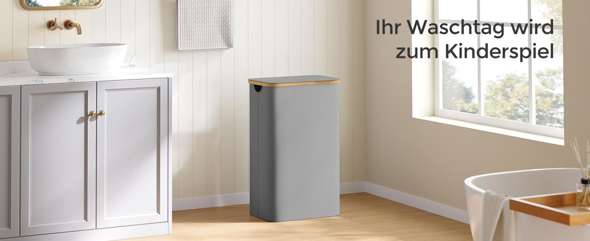SONGMICS Wäschekorb mit Deckel, 90 L, herausnehmbarer Wäschesack, Griffe aus Bambus