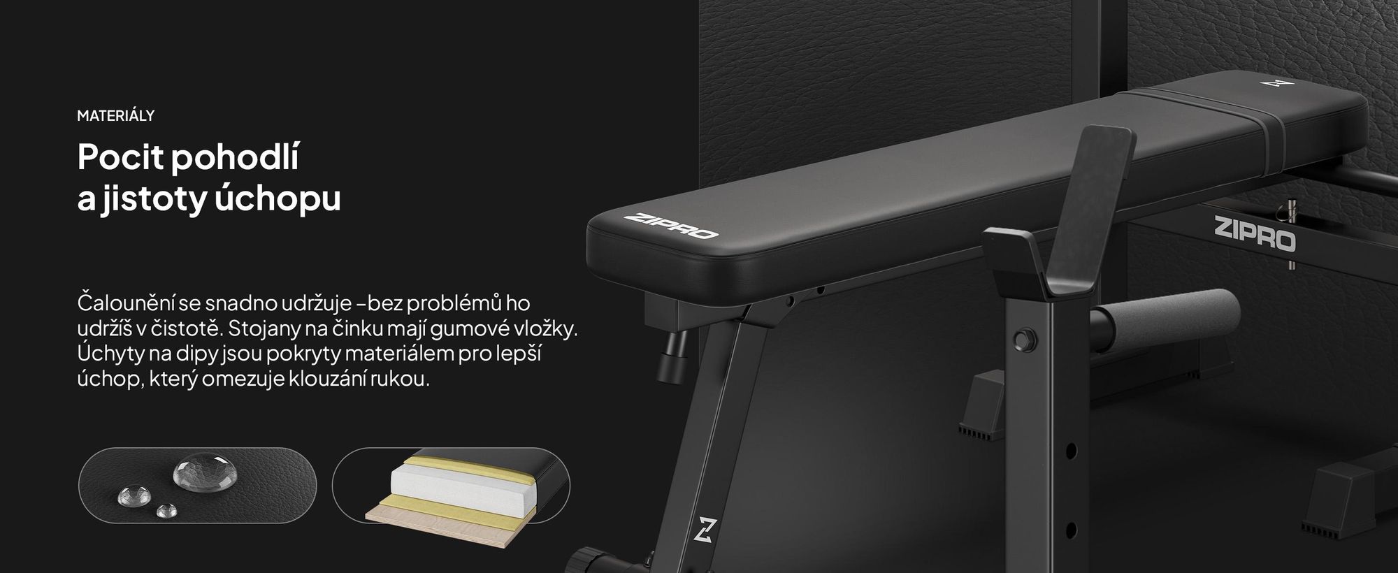 Zipro posilovací lavice s držákem na činky Core – skládací lavice pro bench press Plochá lavice s hrazdou pro dipy Nosnost až 230 kg Úspora místa