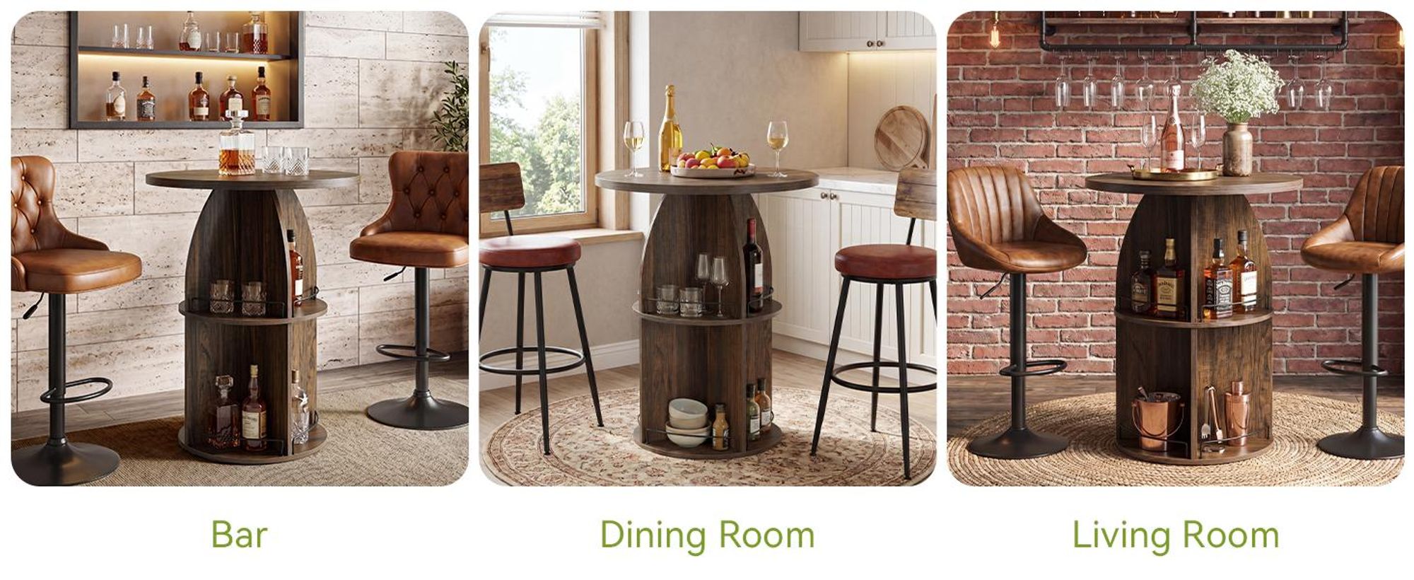 Tribesigns dreistöckiger runder Bartisch, 95 cm hoch, rustikaler Bistrotisch mit offenen Ablagefächern, Stehtisch Holz für Hausbar, Küche, Braun