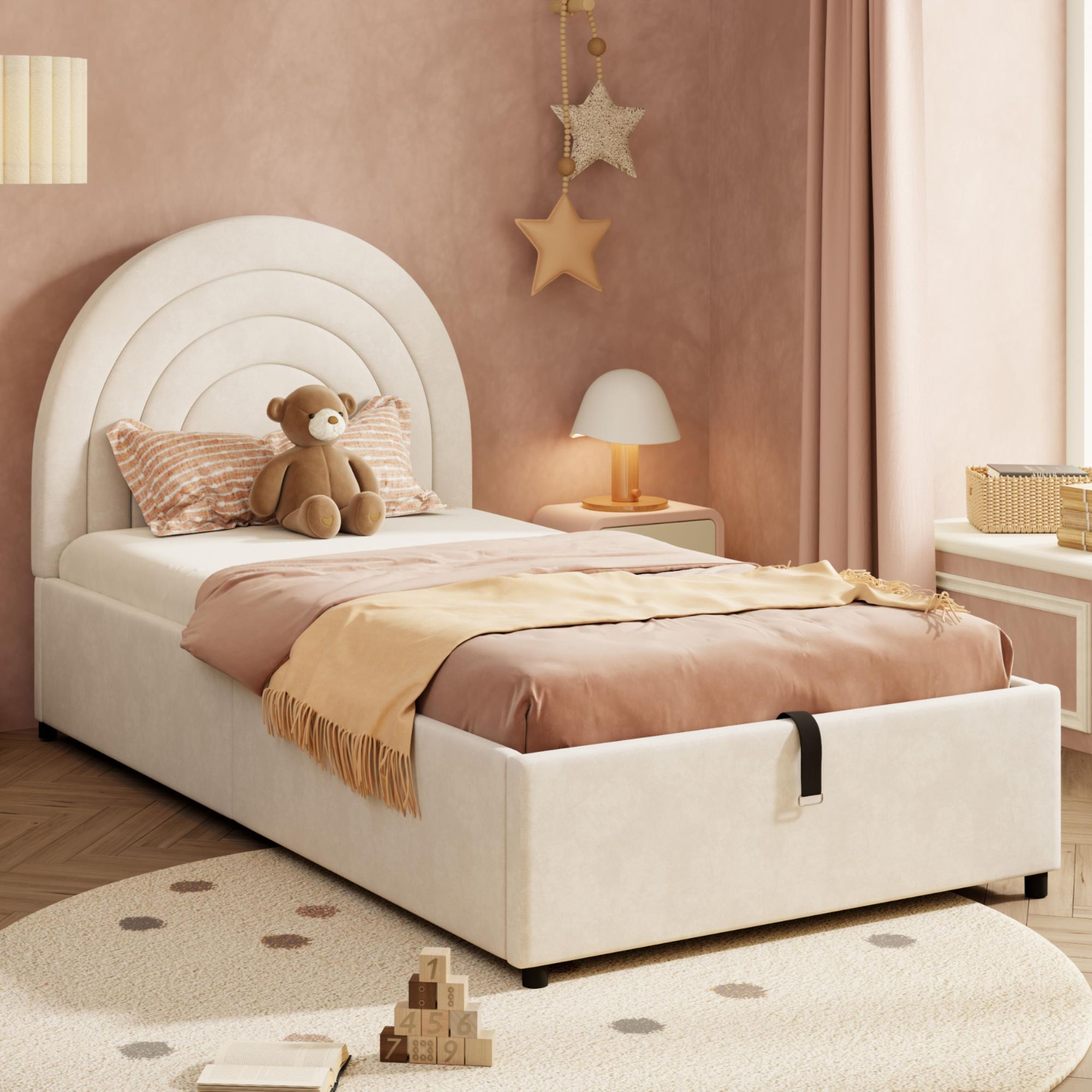 Flieks Hydraulisches Polsterbett 90x200cm, Kinderbett Jugendbett mit Regenbogenförmigem Kopfteil, Stauraumbett Einzelbett Samt, Beige