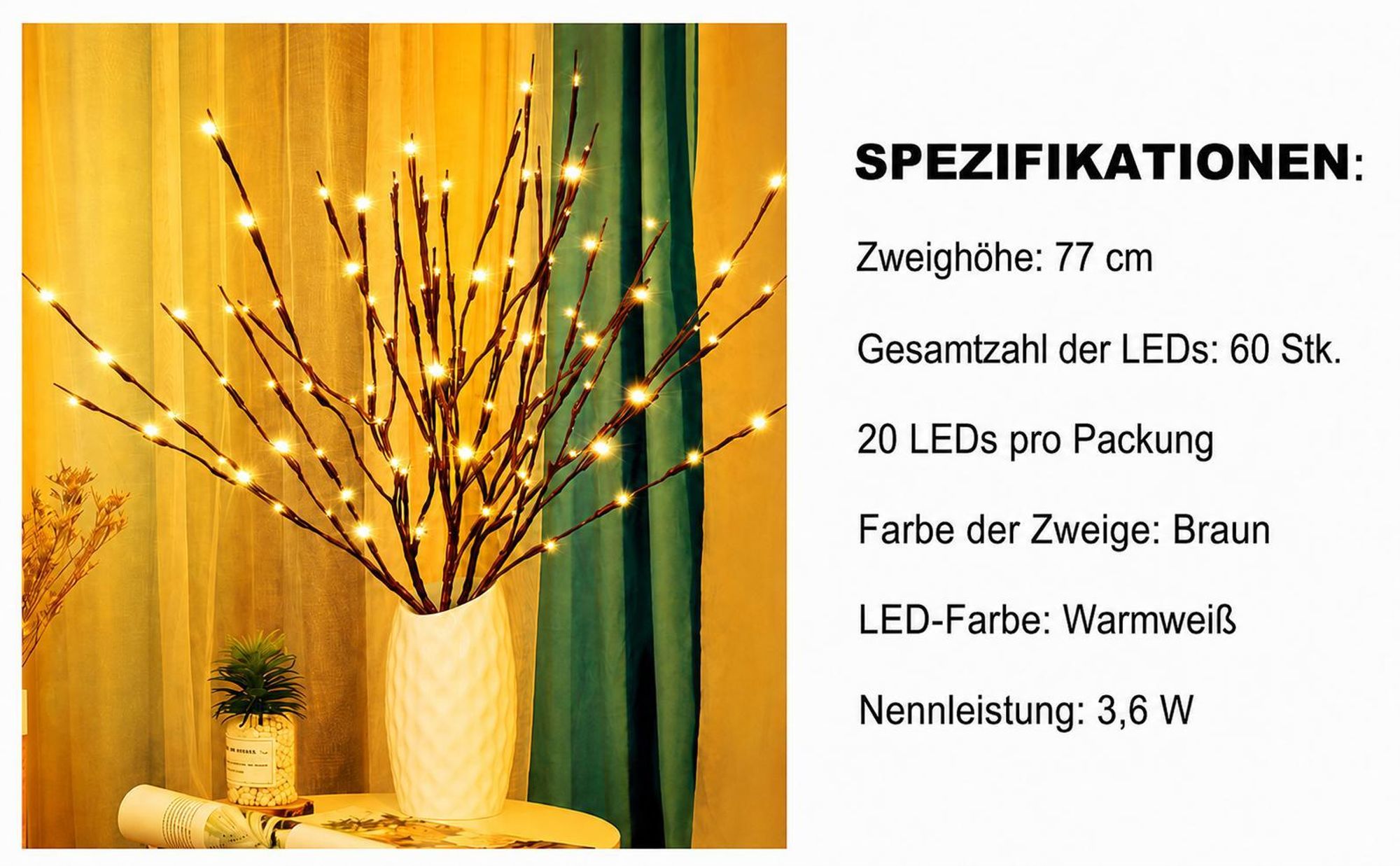 3er-Set 60 LEDs Lichterbaum-Zweige, Lichterzweige Warmweiß, Zweiglampe für Home Room Vasendekoration
