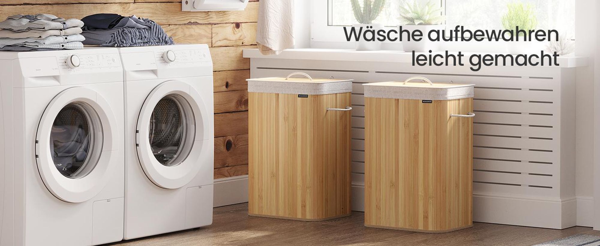 SONGMICS Wäschekorb mit Deckel, 72 Liter, Wäschesammler aus Bambus, faltbar, Naturfarben