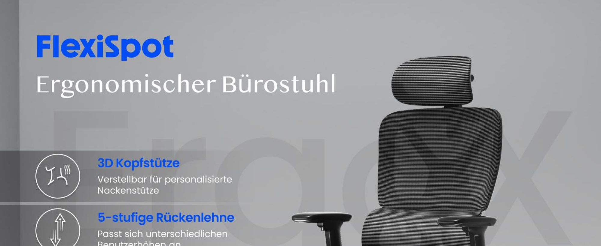 FLEXISPOT ErgoX Ergonomischer Bürostuhl Schreibtischstuhl 3D-Armlehnen&Kopfstütze 5D-verstellbare Rückenlehne Tragfähigkeit von 136 kg Grau