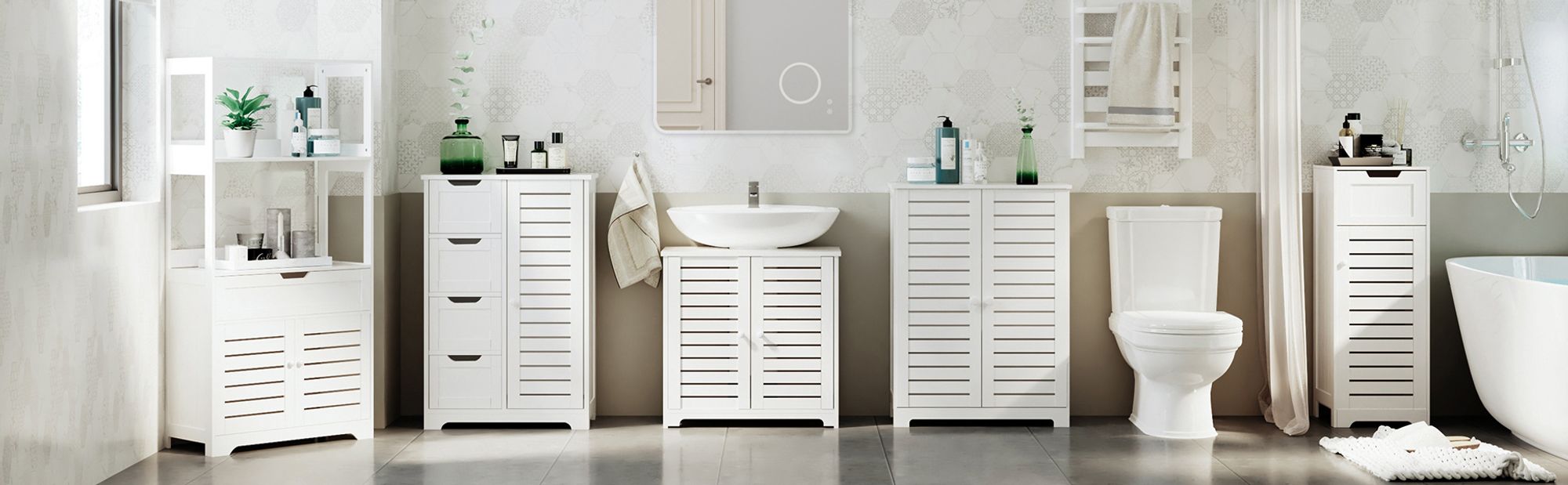 Mondeer Hochschrank Badschrank Badezimmerschrank mit Fächern und Lamellentüren Aufbewahrungsschrank Badezimmer