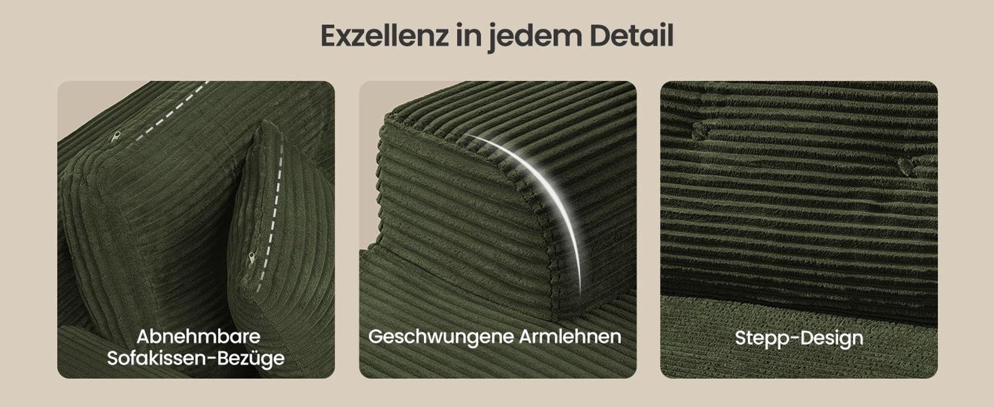 VASAGLE Modulares Sofa, Ecksofa mit Liege rechts, 242 cm breit, vakuumverpackt, keine Montage erforderlich, Waldgrün