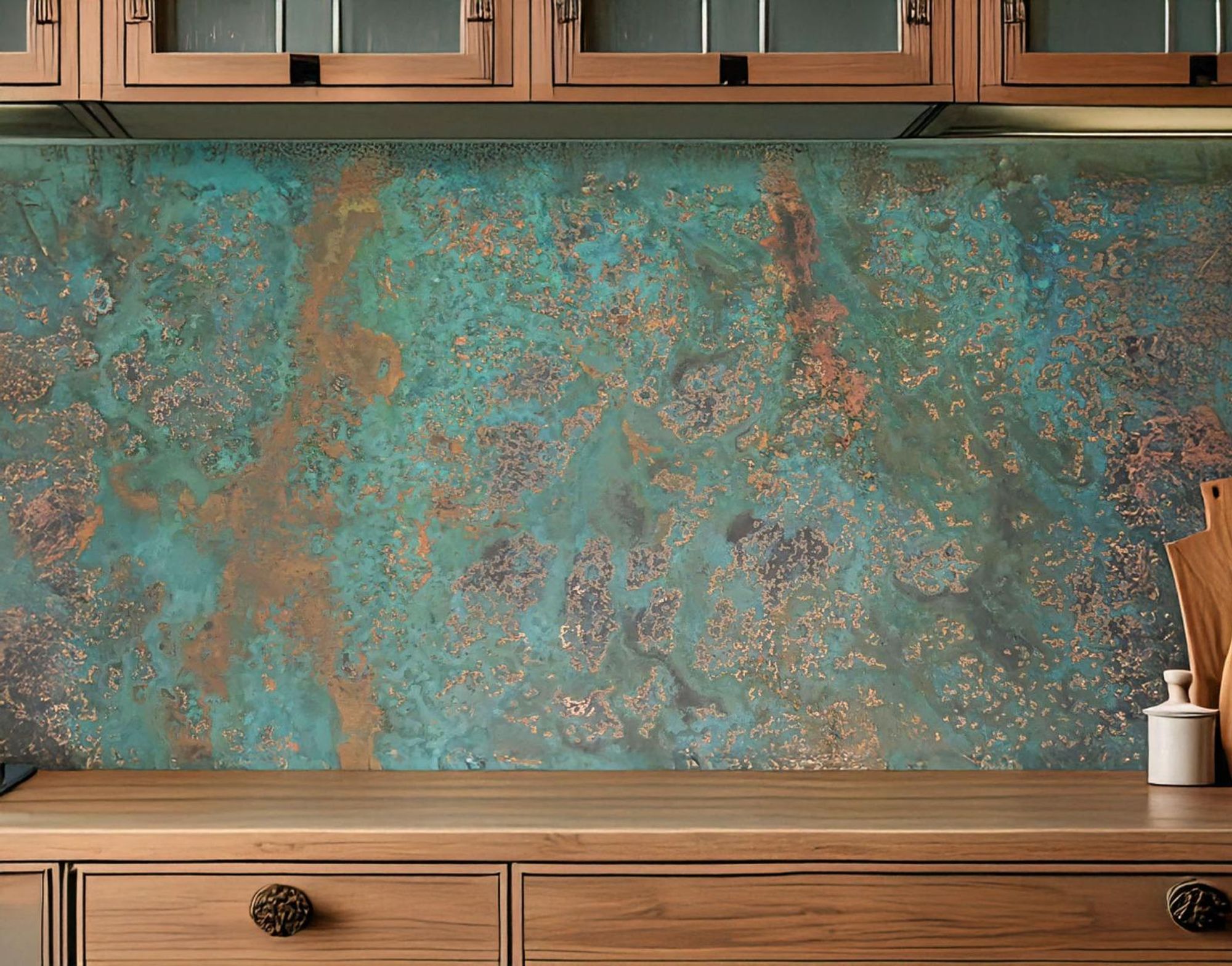 CopperAndCraft Kupfer Wandpaneel Patina Türkis 100x70 cm, Handgefertigte Metallkunst für Küchenrückwand, Badezimmer und Moderne Wohnräume,