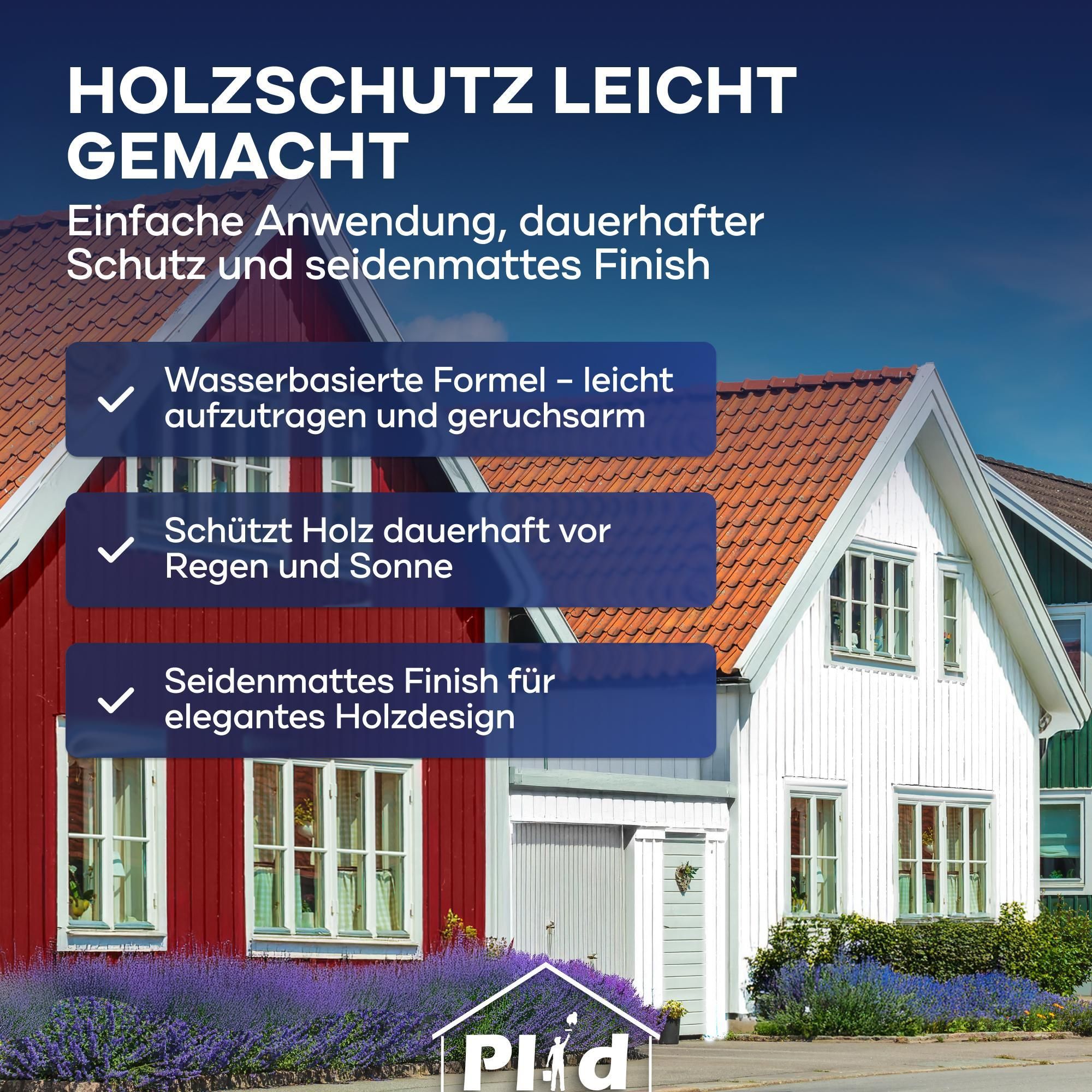 Plid Holzfarbe Weiß 0,75l + Pinselset 3-tlg. / Innen & Außen - Wetterschutzfarbe Holzfarbe Außen - Dauerhafte Holzschutzfarbe - Holzlack