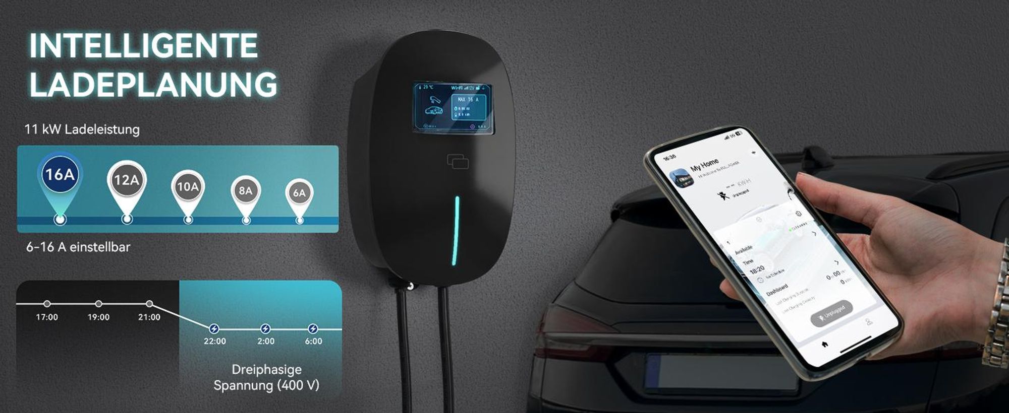 Puluomis Wallbox Ladestation 11kW Ladekabel 7m Typ 2 mit Halter,EV Ladegerät 3-phasig 6-16A einstellbar, IP65 Wasserdicht mit Wlan & Bluetooth schwarz