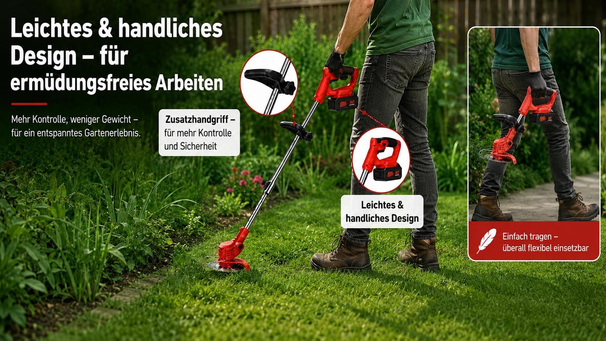 Akku Rasentrimmer mit 2 Akkus & Ladegerät, 3 in 1 Freischneider akku, 18000 U/min, Teleskopstiel 90-120cm, für Garten & Hof