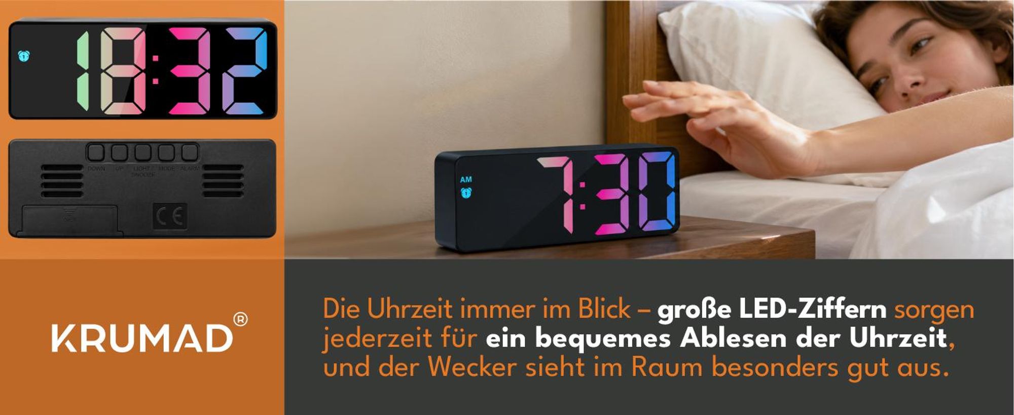 KRUMAD LED Wecker Digital, Digitaluhr mit großen Zahlen, Nachttisch Uhr mit Alarm und Snooze Funktion, lautloser Wecker, batteriebetrieben, USB