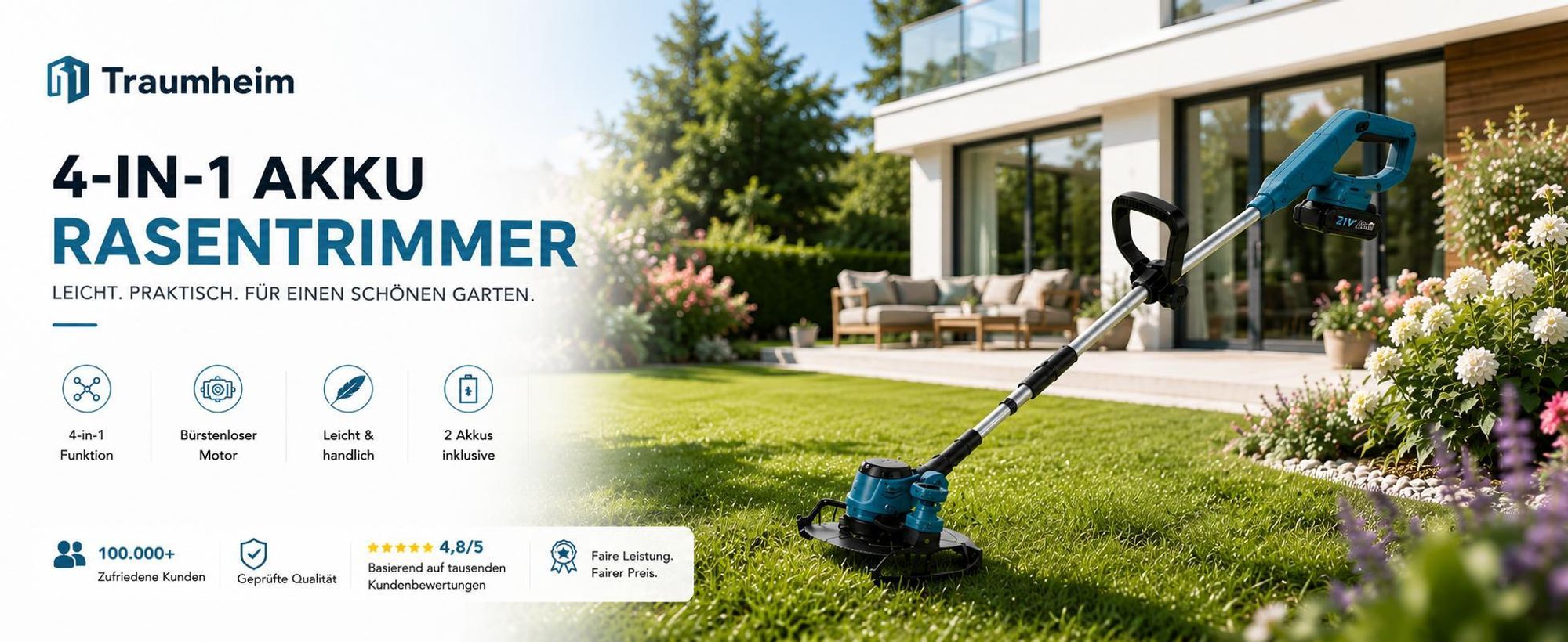 4-in-1 Akku Rasentrimmer 21V, Leicht & Kraftvoll, mit 2 Akkus und Ladegerät, Kabelloser Kantenschneider, Blau