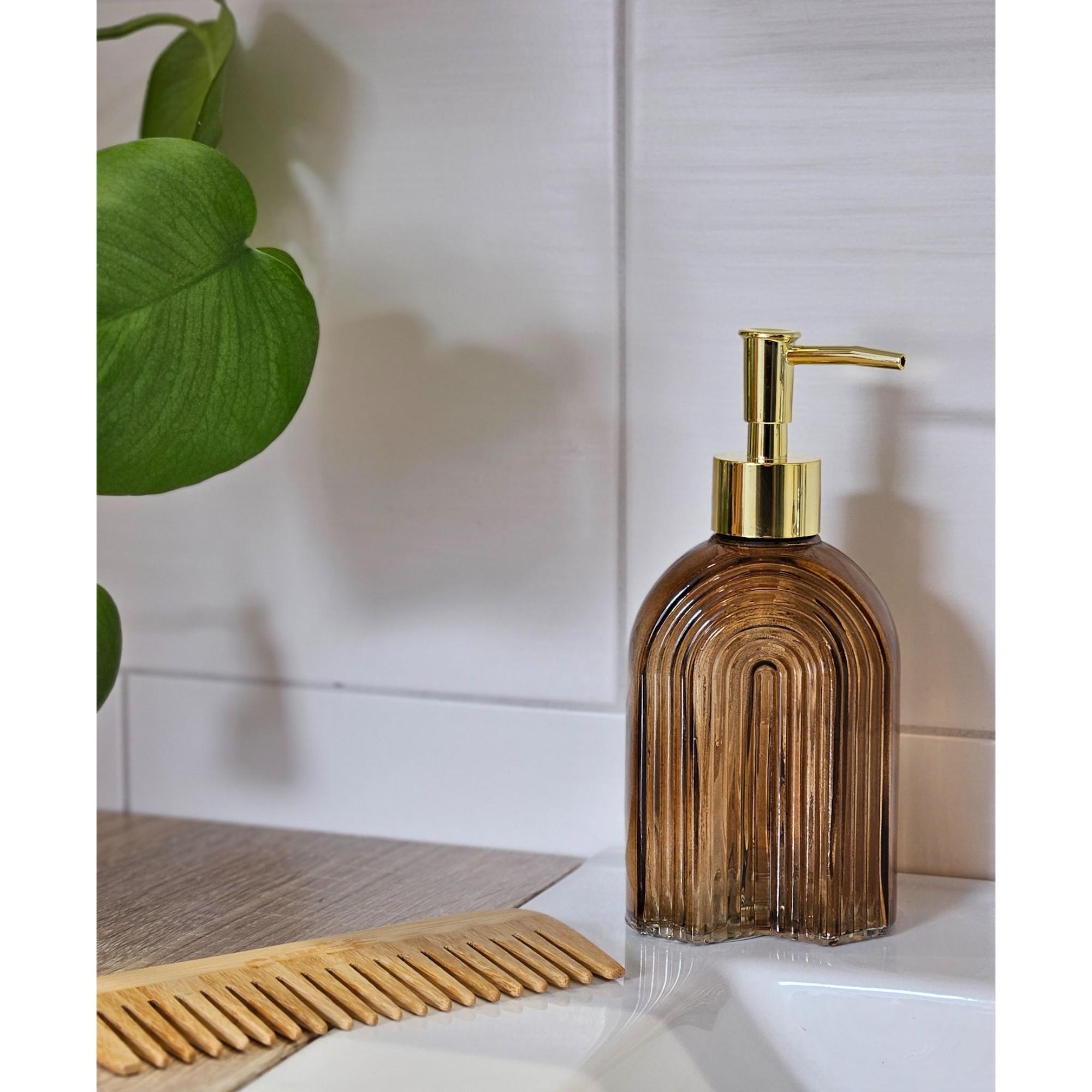 Seifenspender Retro braun gold Glas Pumpkopf Flüssigseifenspender