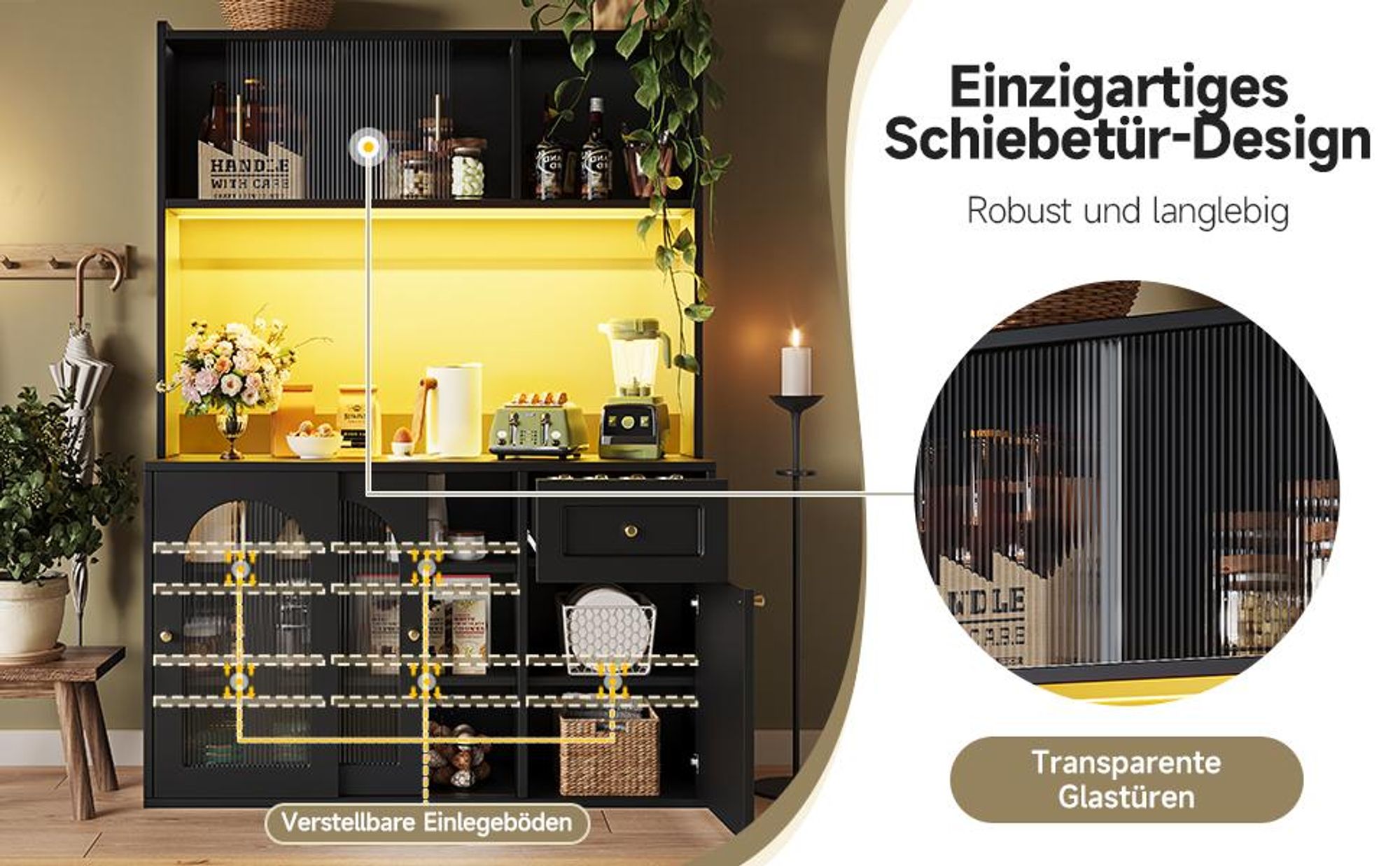 Flieks Hochschrank 120x35x167 cm, Küchenbuffet mit LED, Aufbewahrungsschrank mit Glasschiebetüren, schwarz