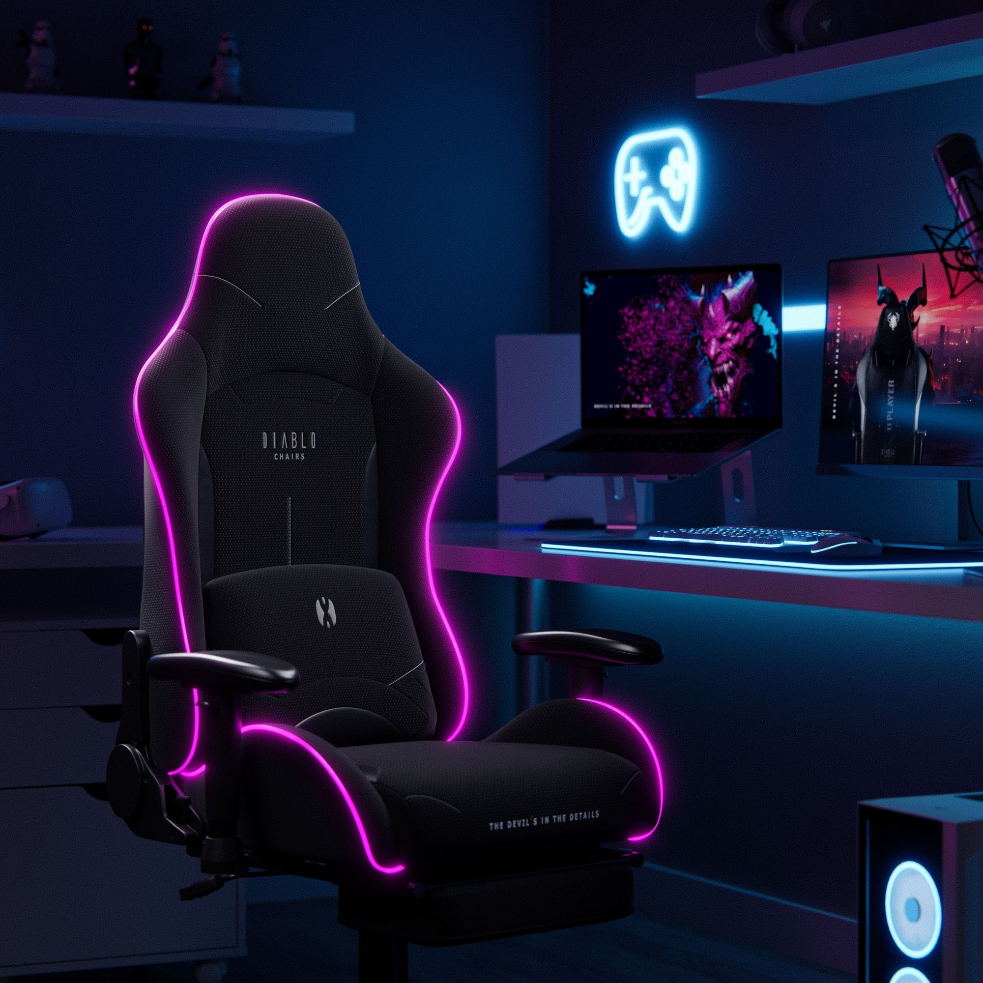 Diablo X-ST4RTER Gaming Stuhl Chair Bürostuhl Schreibtischstuhl PC Stuhl Ergonomisch Stoffbezug 2D Armlehnen Kippmechanismus, Farbe: Schwarz (LED)