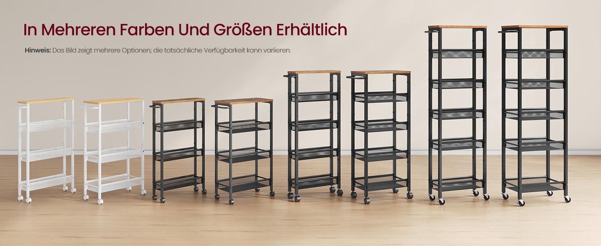 VASAGLE Servierwagen mit 6 Ablagen, schmales Nischenregal auf Rollen, für Küche, Bad, Wohnzimmer, Stahl, Griff, vintagebraun