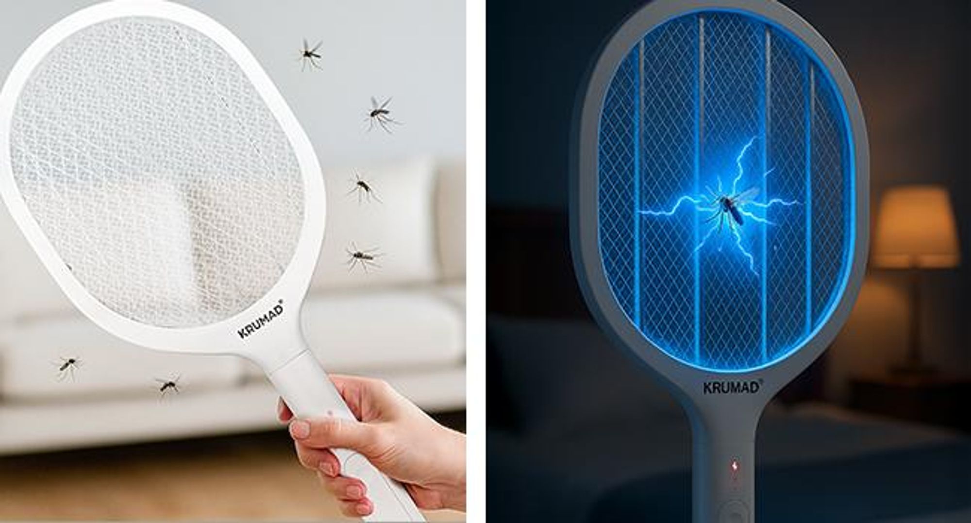 KRUMAD Elektrische Fliegenklatsche 2-in-1 – USB-C aufladbar, LED, 3-lagiges Schutznetz & Standfuß – Insektenvernichter gegen Mücken, Fliegen & Wespen