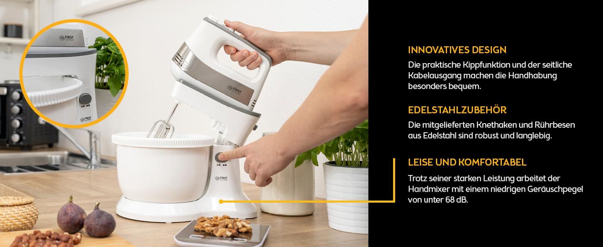 TZS First Austria Handmixer mit 3,5L Kunststoffschüssel mit Automatikantrieb, 500W, 5 Geschwindigkeiten, Turbofunktion, inkl. Knethaken und Rührbesen