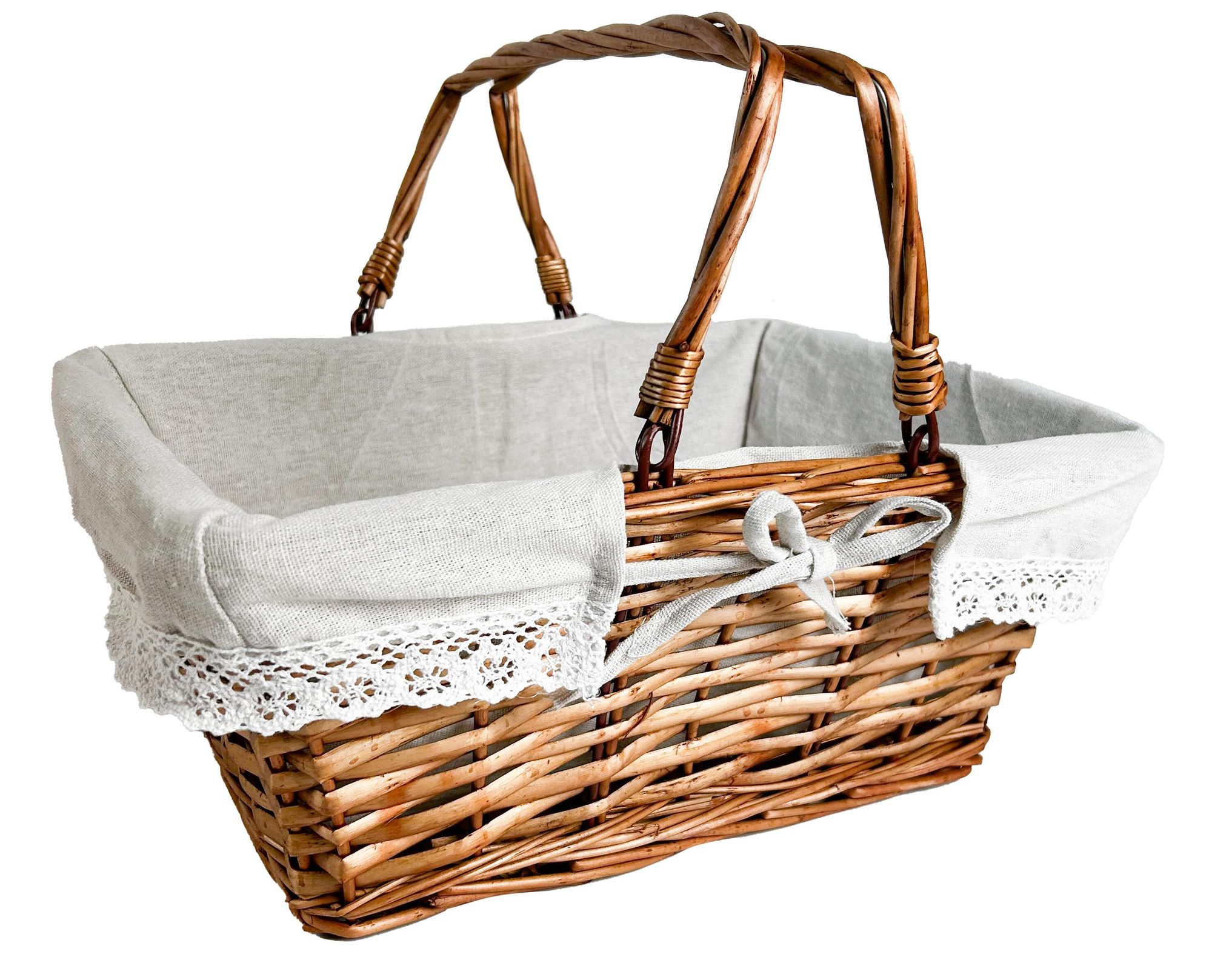 Kobolo Weidenkorb mit Klapphenkeln 40L x 30B x 19/34H cm eckig Textilfutter mit Häkelborte Tragekorb Box Klappbügelkorb Picknickkorb Autokorb Pilzkorb