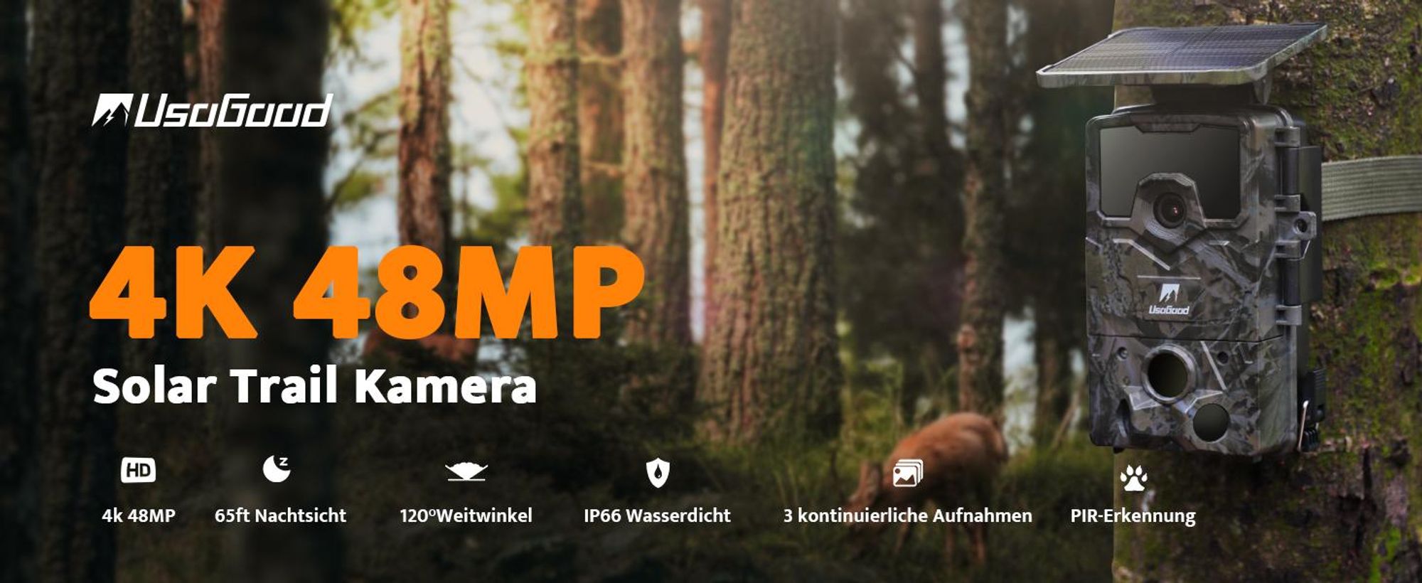 Usogood 4K Solar Wildkamera Bewegungsmelder Jagd 0,2s Nachtsicht Wiederaufladbare
