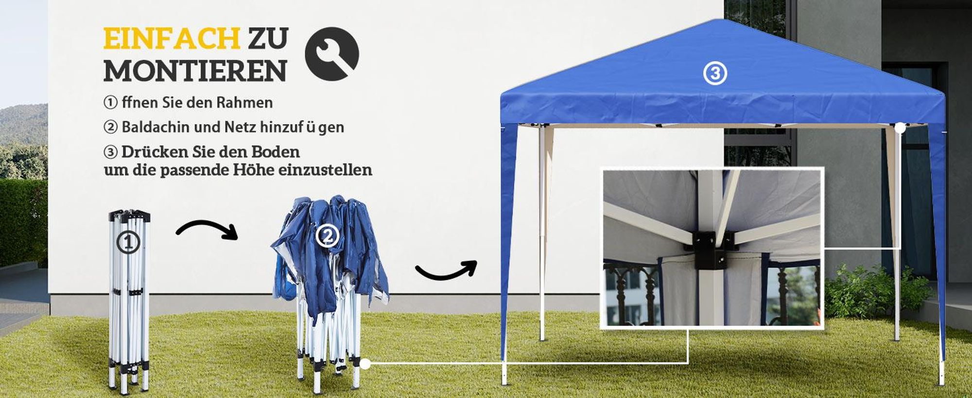 Outsunny Pavillon ca. 3x3m, wasserabweisend Stabil Winterfest Pop-up Faltpavillon, UV Schutz, Faltbar Partyzelt Gartenzelt mit Tasche, Gartenpavillon für Camping Garten, Blau