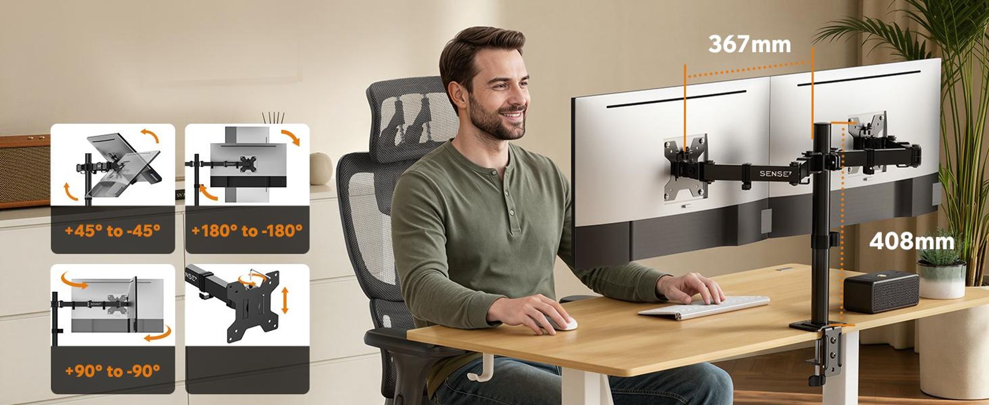 SENSE7, závesné osvetlenie, držiak na dvojité monitory, pre obrazovky 17-32 palcov, štandard VESA, nosnosť 2x9 kg, otočný mechanizmus s plynovou pružinou, stolová doska pre 2 monitory, čierna farba, ergonomický dizajn