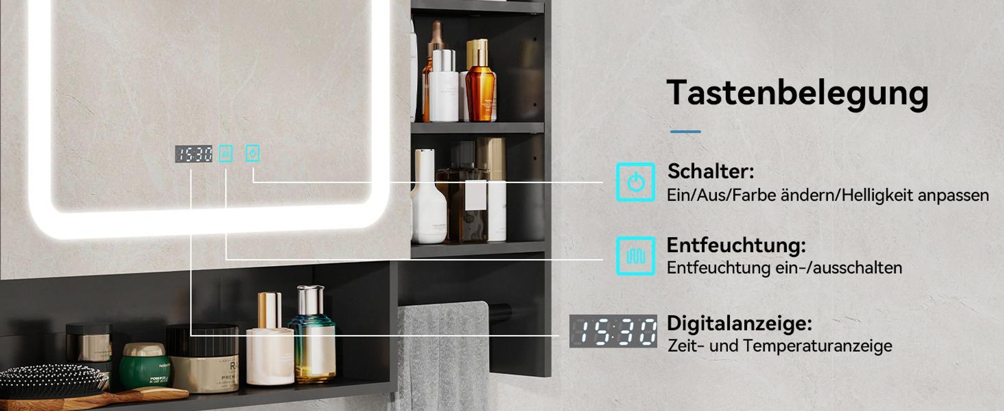 Puluomis Spiegelschrank Bad 80cm mit 3 färbiger dimmbarer Beleuchtung, Digitaler Uhr Handtuchhalter Antibeschlag Badezimmerschrank Wandschrank schwarz