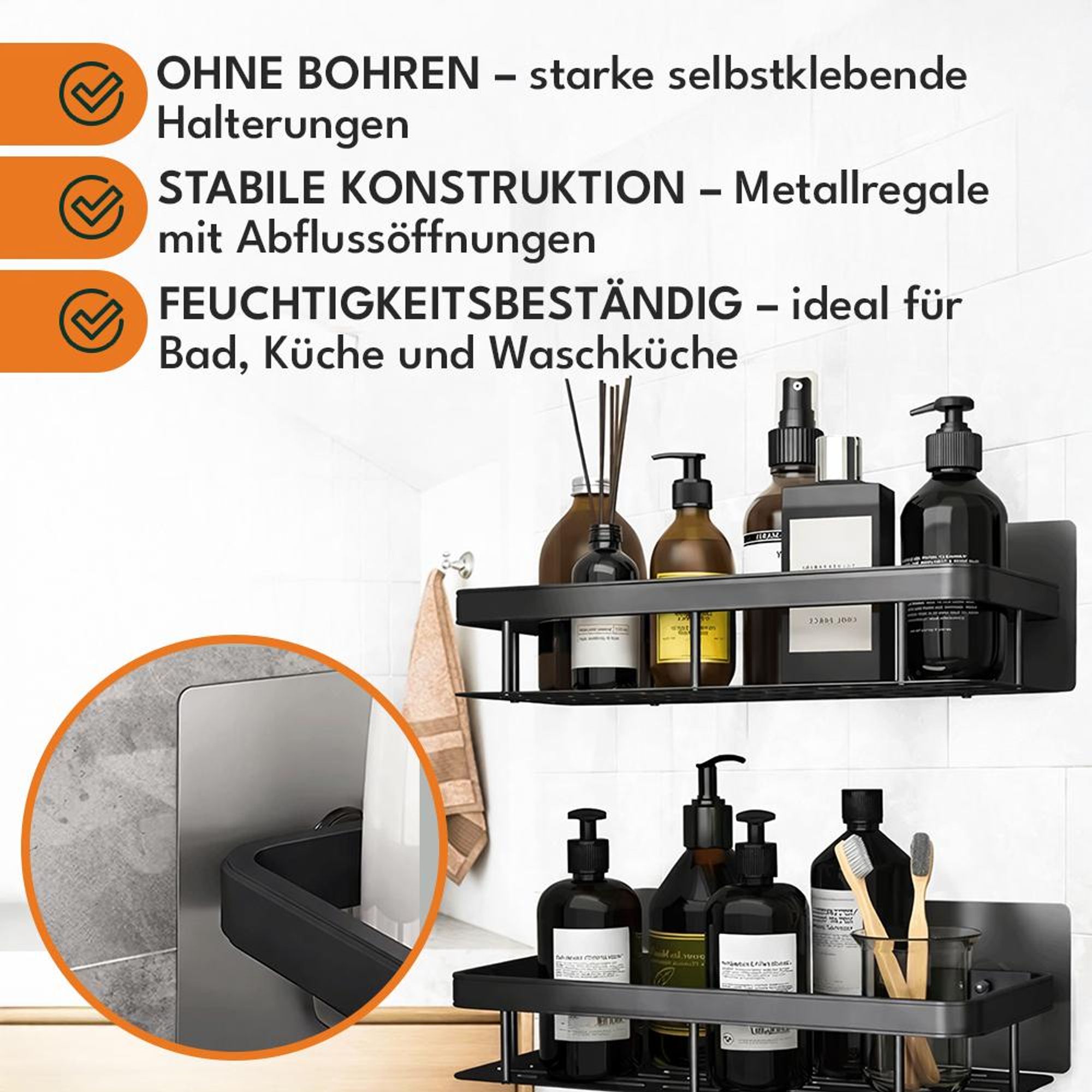 KRUMAD Duschablage ohne Bohren 2er Set – Selbstklebendes Duschregal zur Wandmontage, Badezimmer Organizer für Shampoo & Duschzubehör
