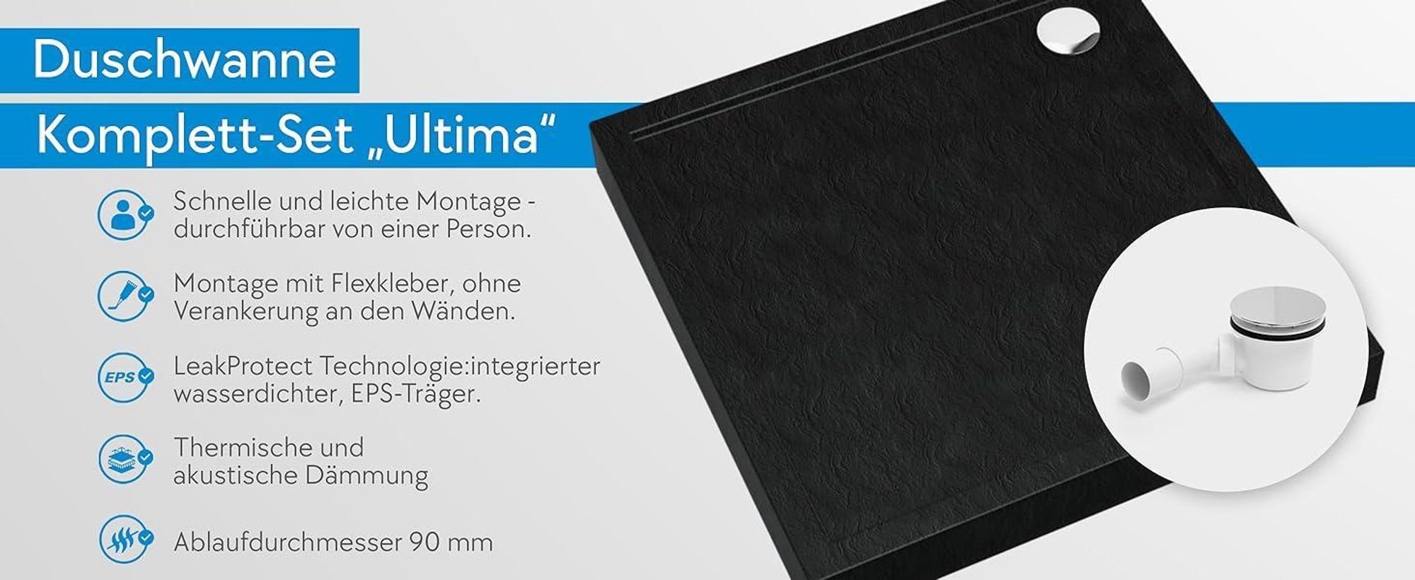 AQUABAD® Duschwanne Komplettset Ultima LeakProtect® Black Stone 80x80cm Quadrat mit Ablaufgarnitur Alcadrain A49CR
