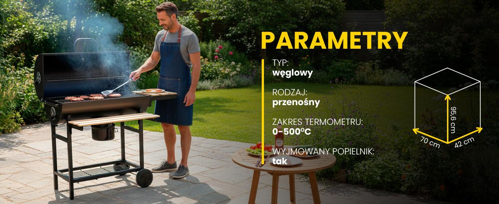 Duży grill węglowy w kształcie beczki na kółkach z pokrywą