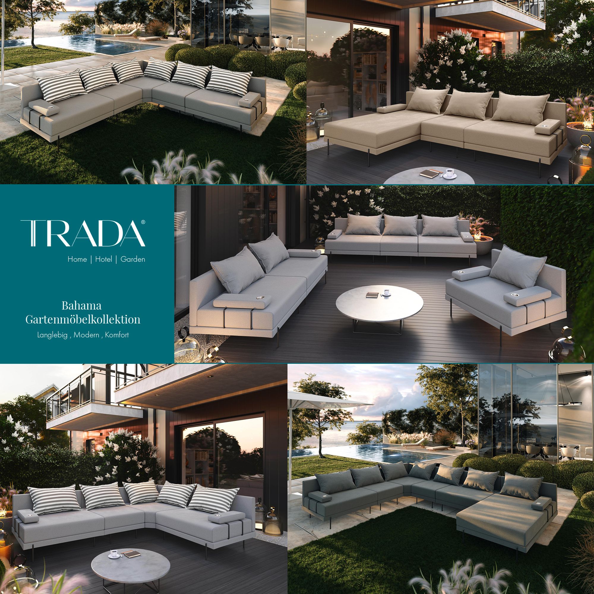 TRADA Gartensofa lounge set L form Bahama M Beige Gartenmöbel set Wasserabweisend Stoff Links