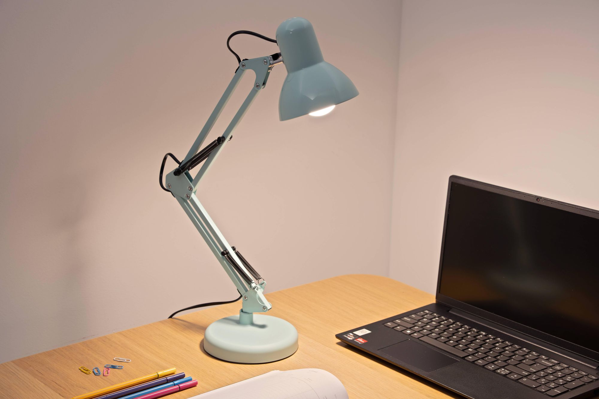 LUMILED Schreibtischlampe Pastellblau Metall E27 Fassung Verstellbarer Arm mit Klemme Retro klassisch Leselampe Tischleuchte Tischlampe Arbeitsleuchte Nachttischlampe Kinderzimmer Arbeitszimmer