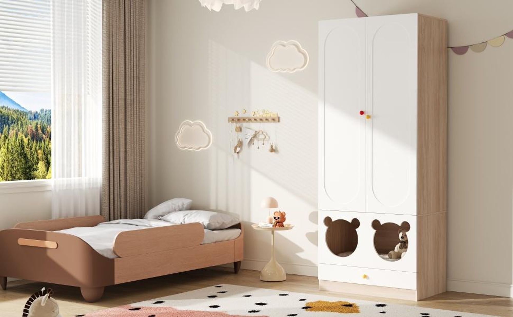 Merax Kinder-Kleiderschrank mit Katzenbett, Kleiderstange, Offene Ablagen, Haustierfreundliche, Kinderzimmermöbel, 80×50×200 cm, Weiß + Naturholz
